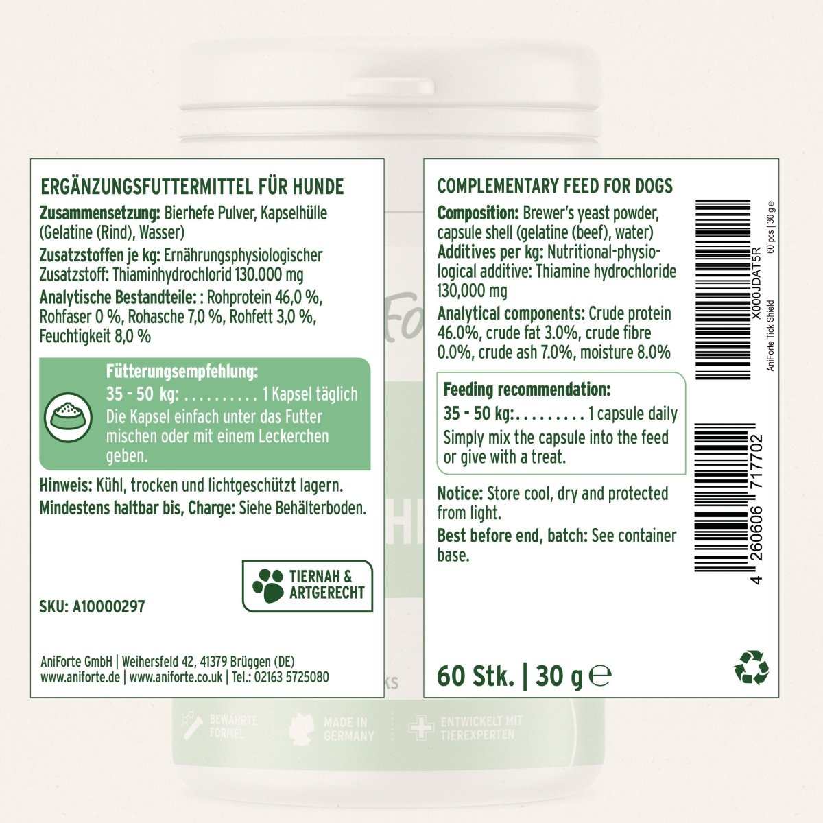 ZeckenSchild Kapseln für Hunde zur Unterstützung des Schutzes vor Zecken, enthält Bierhefe und Thiamin.