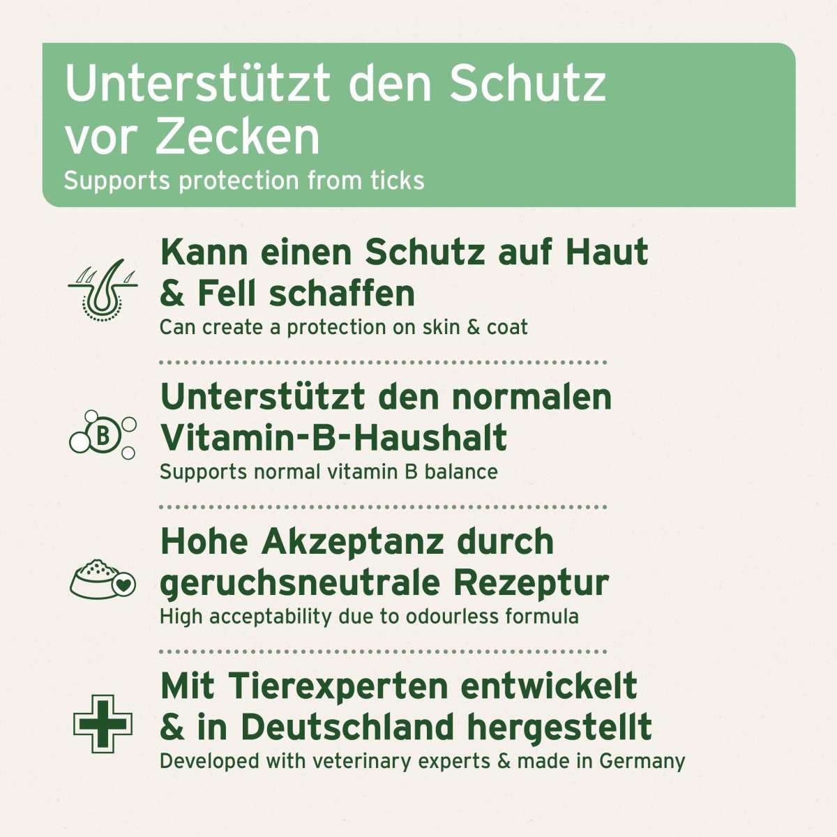 ZeckenSchild Kapseln unterstützen Schutz vor Zecken, fördern Vitamin-B-Haushalt, geruchsneutrale Rezeptur, in Deutschland entwickelt.