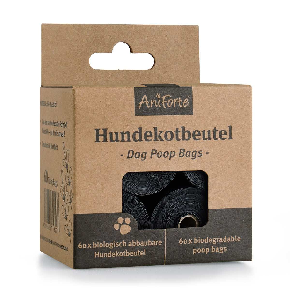 Biologisch abbaubare und kompostierbare Hundekotbeutel von AniForte® in umweltfreundlicher Verpackung.