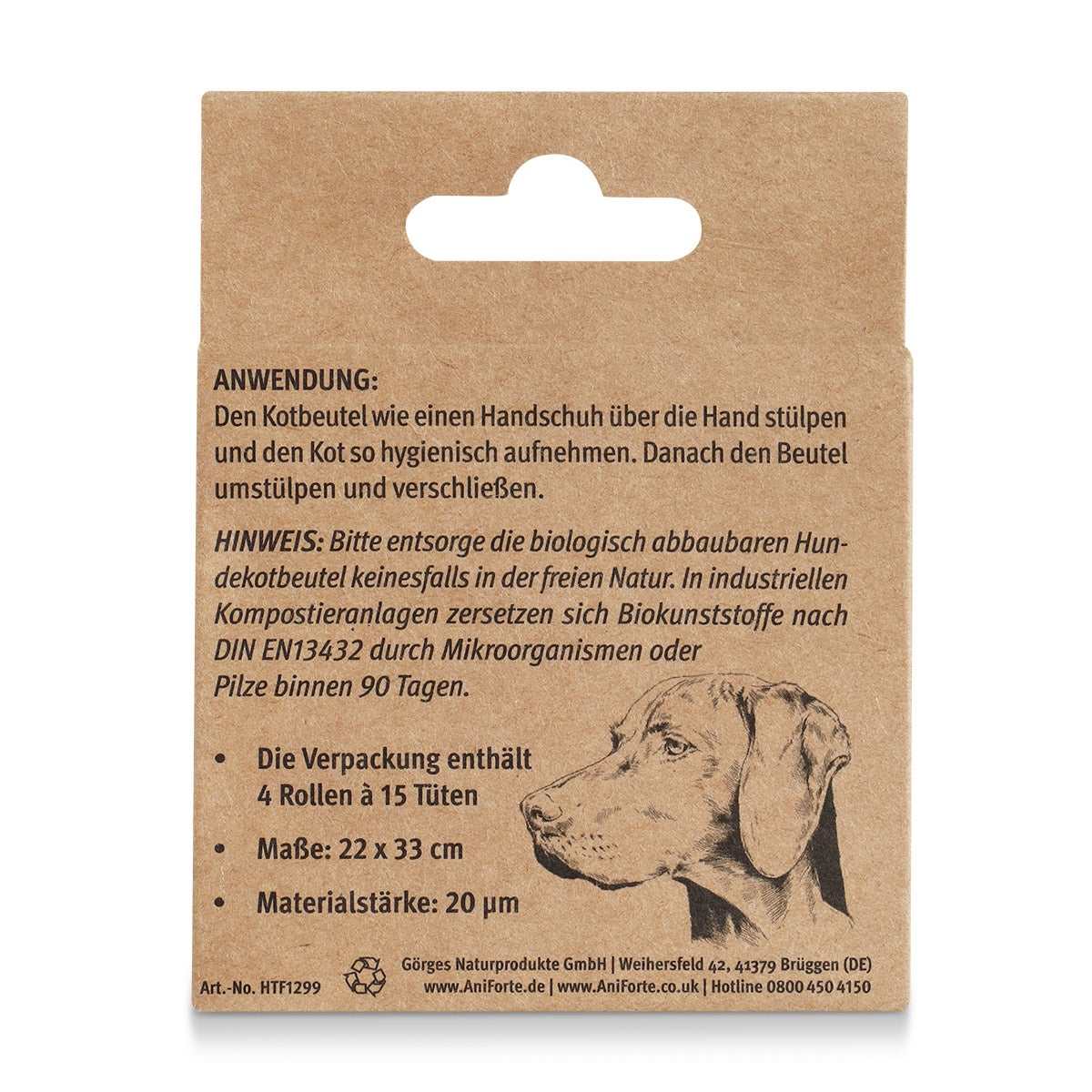 Biologisch abbaubare Hundekotbeutel von AniForte®, 60 geruchlose und blickdichte Tüten aus Maisstärke, 22x33 cm.