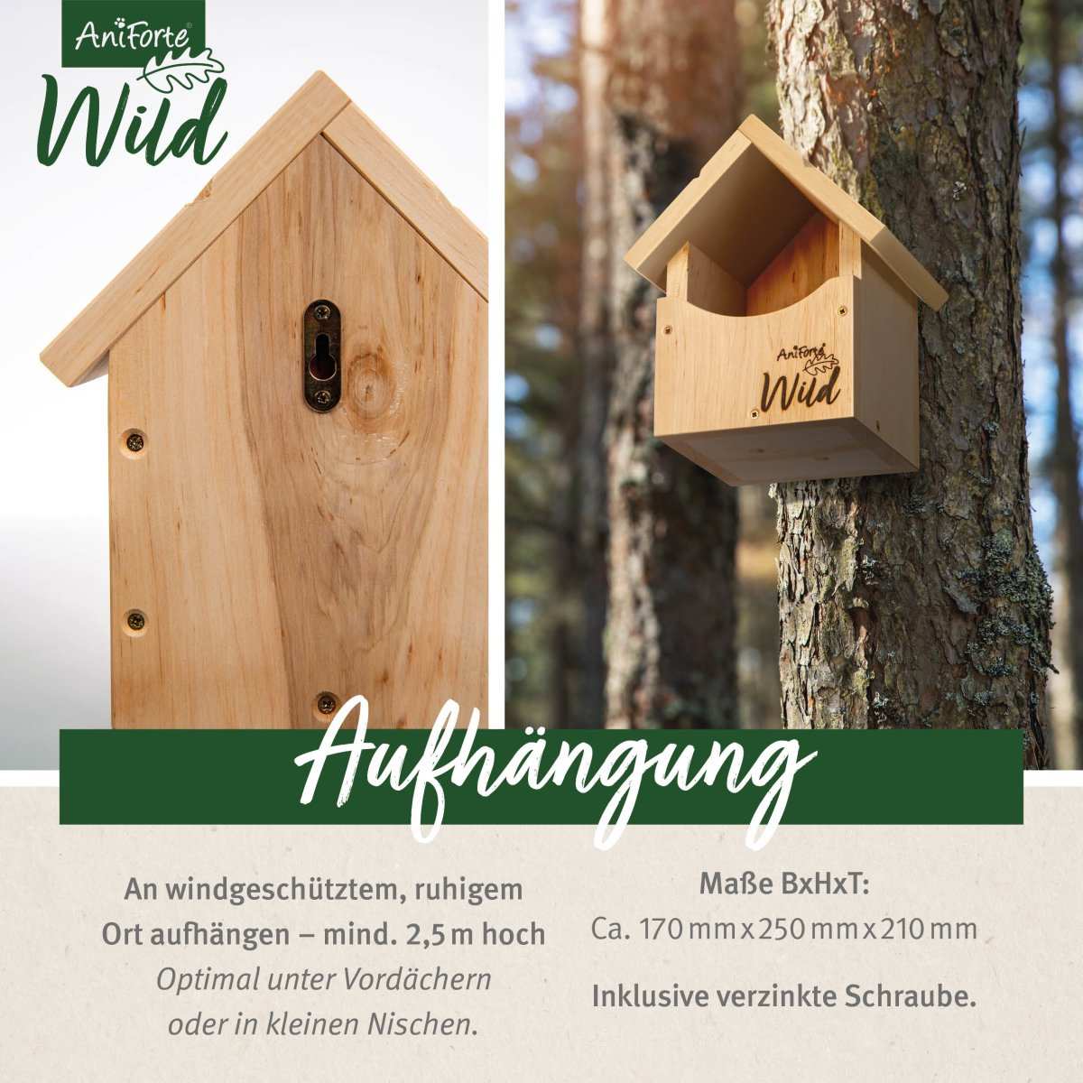 Nistkasten aus Holz für Rotkehlchen, Halbhöhlenkasten, witterungsfest. Am Baum befestigt.