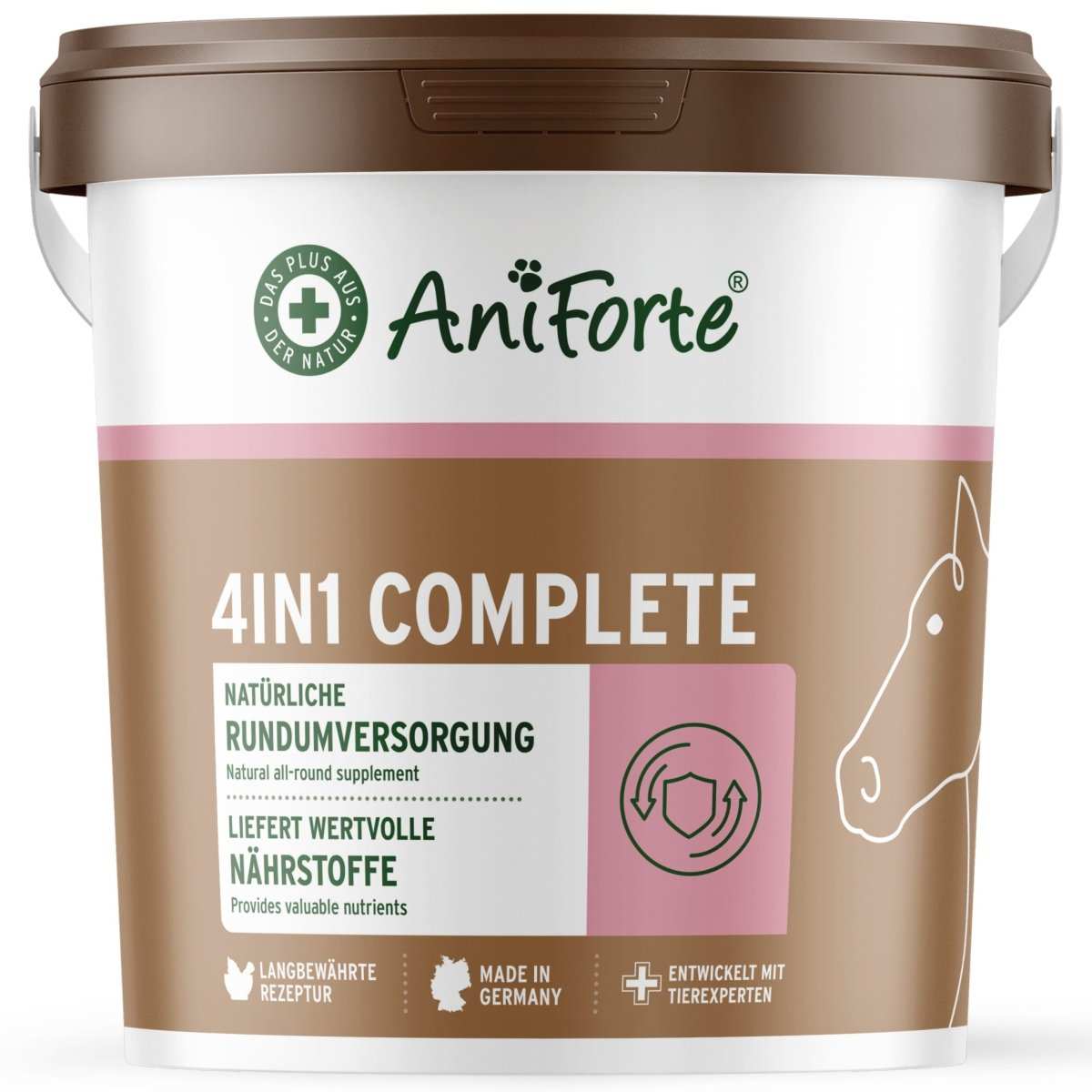 Eimer Natürliches Ergänzungsfuttermittel AniForte 4in1 Complete Horse für Pferde zur Unterstützung von Immunsystem, Gelenken und Verdauung.
