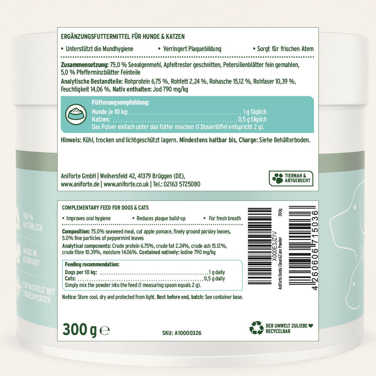Denta Clean & Care Zahnpflege Pulver für Hunde und Katzen, reduziert Zahnstein und Plaque, verbessert Mundhygiene, mit natürlichen Inhaltsstoffen.
