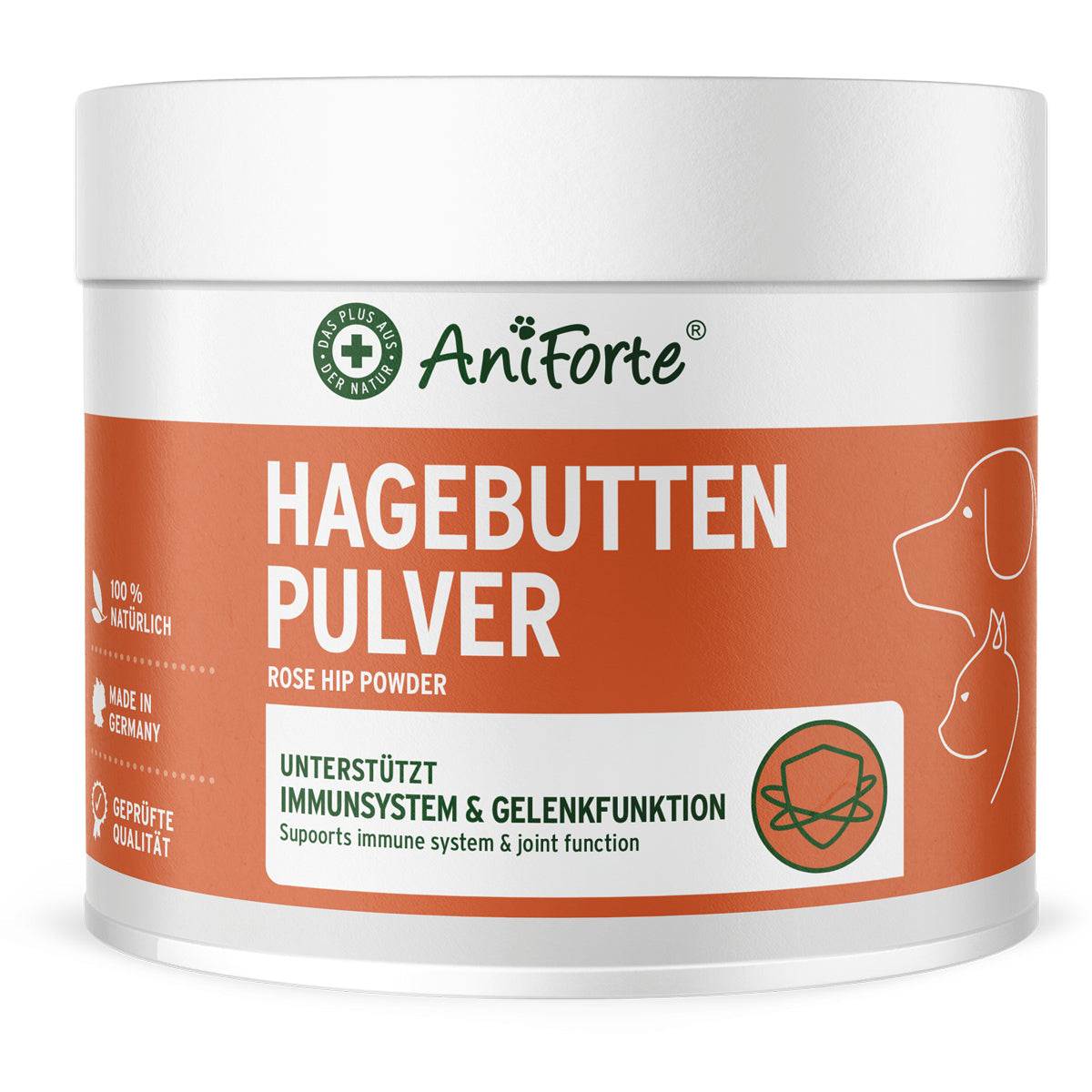 Hagebuttenpulver für Hunde und Katzen zur Unterstützung von Immunsystem und Gelenken.