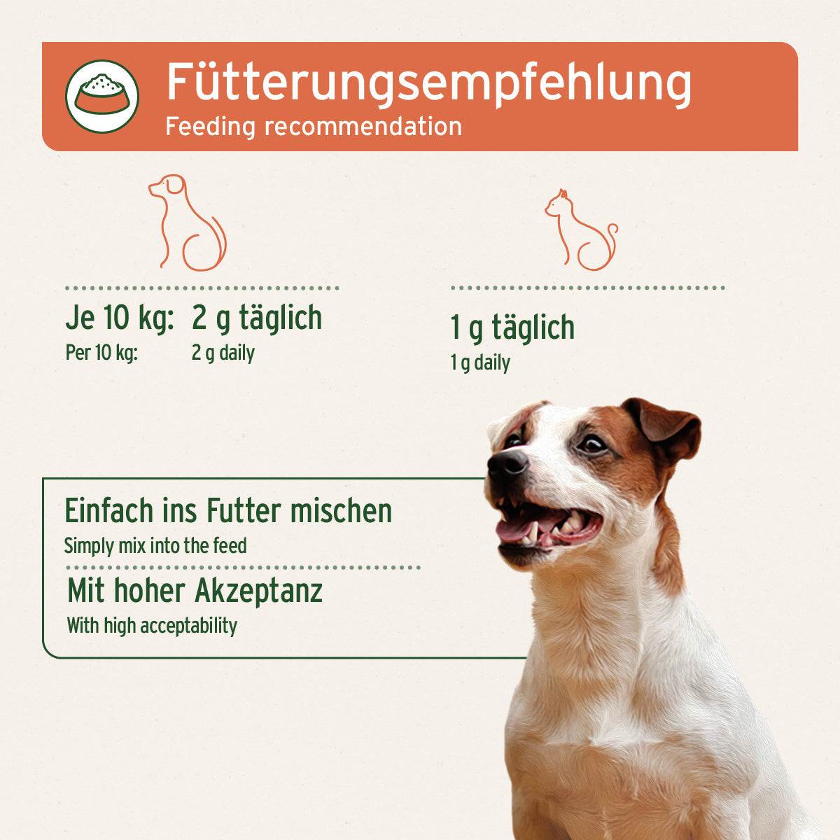 Hagebuttenpulver Fütterungsempfehlung für Hunde und Katzen: Je 10kg täglich 2g für Hunde, Katzen je 10kg nur 1g 