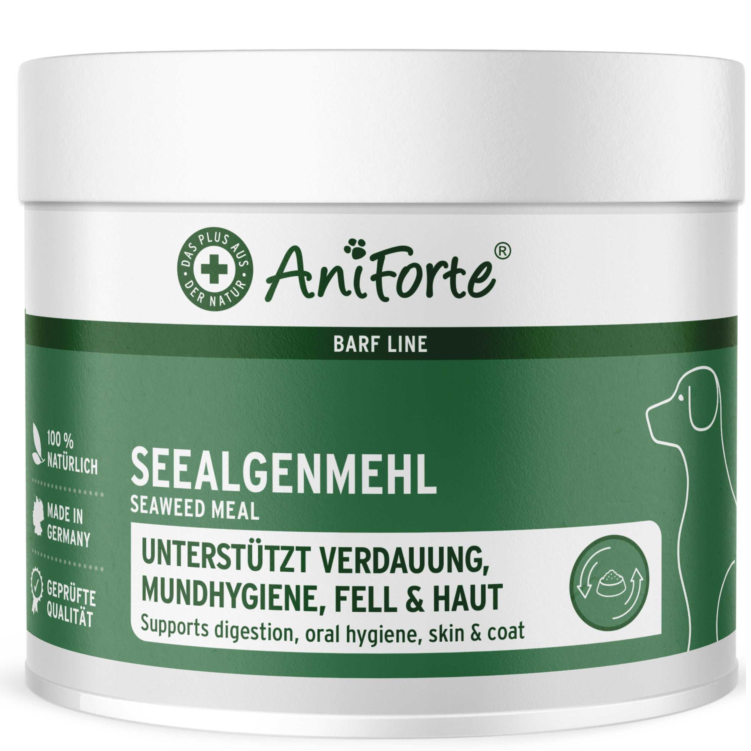 BARF-Line Seealgenmehl von AniForte für Hunde, unterstützt Verdauung, Mundhygiene, Fell und Haut.