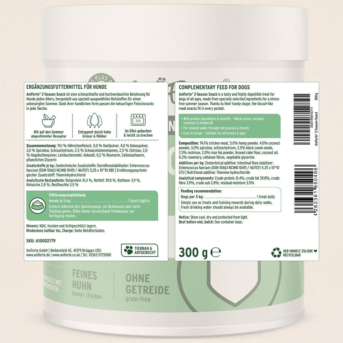 AniForte® Kennenlernpaket für Hunde, natürliche Premium-Produkte, Lachsöl, Ohrenreiniger Kamille, Denta Cleant & Care Fingerpads, Z-Season Snack, 4 in 1 Complete Dog.