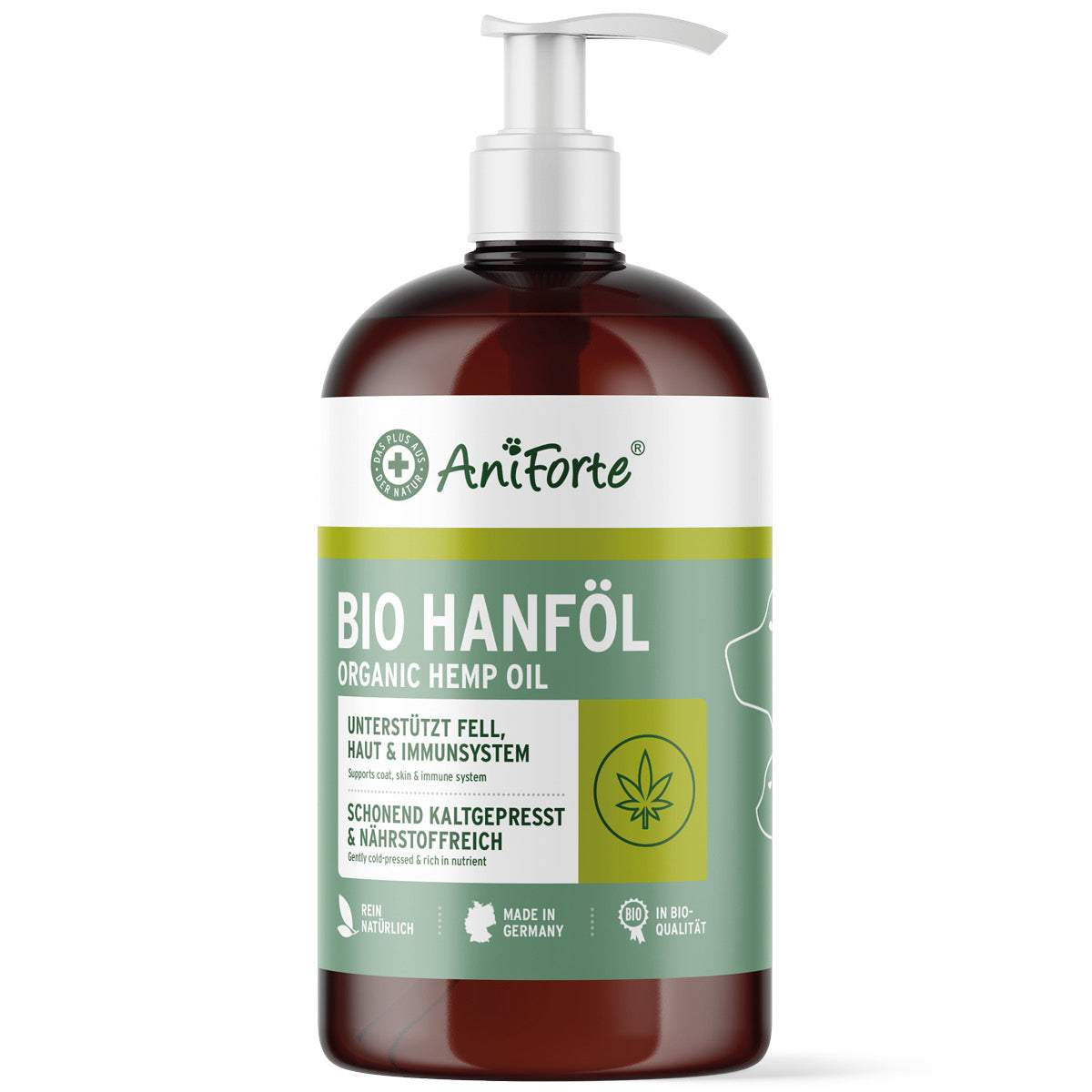 Bio Hanföl von AniForte, schonend kaltgepresst, für Hunde, Katzen und Pferde, unterstützt Immunsystem und Fellgesundheit, geeignet für B.A.R.F.-Ernährung.