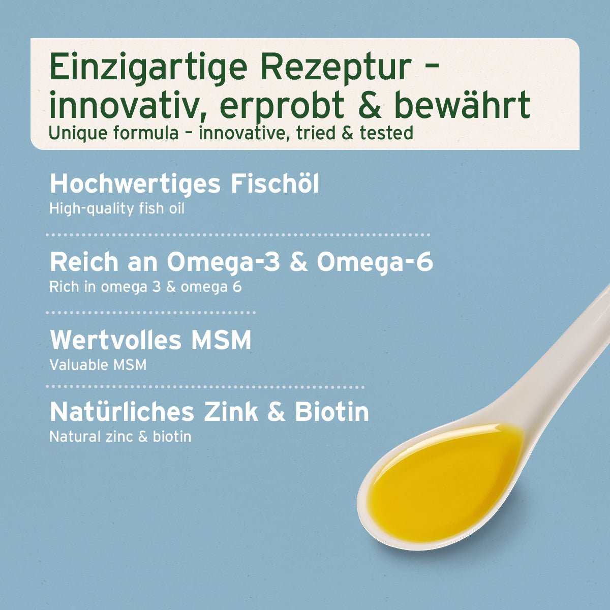 Informationsgrafik mit dem Hinweis auf: Einzigartige Rezeptur für Hunde, hochwertige Fischöl, reich an Omega-3 und Omega-6, wertvolles MSM, natürliches Zink und Biotin. Dazu ein befüllter Löffel. 