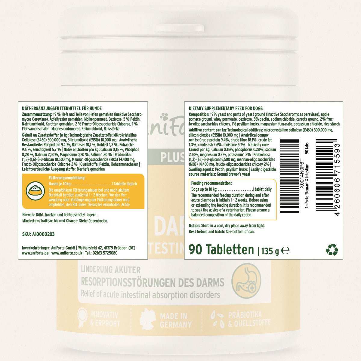 Produktetikett AniForte® plus Magen & Darm. Dazu die entsprechende Dose im Hintergrund. 