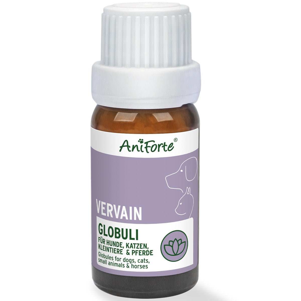Flasche Bachblüten Vervain Globuli für Haustiere zur Unterstützung bei Hektik und Hyperaktivität.
