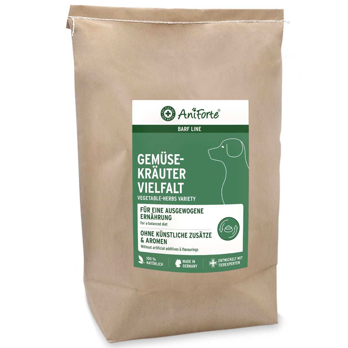 BARF Gemüsemix und Kräuter für Hunde in braunem Beutel, getreidefreie, nährstoffreiche Ergänzung.