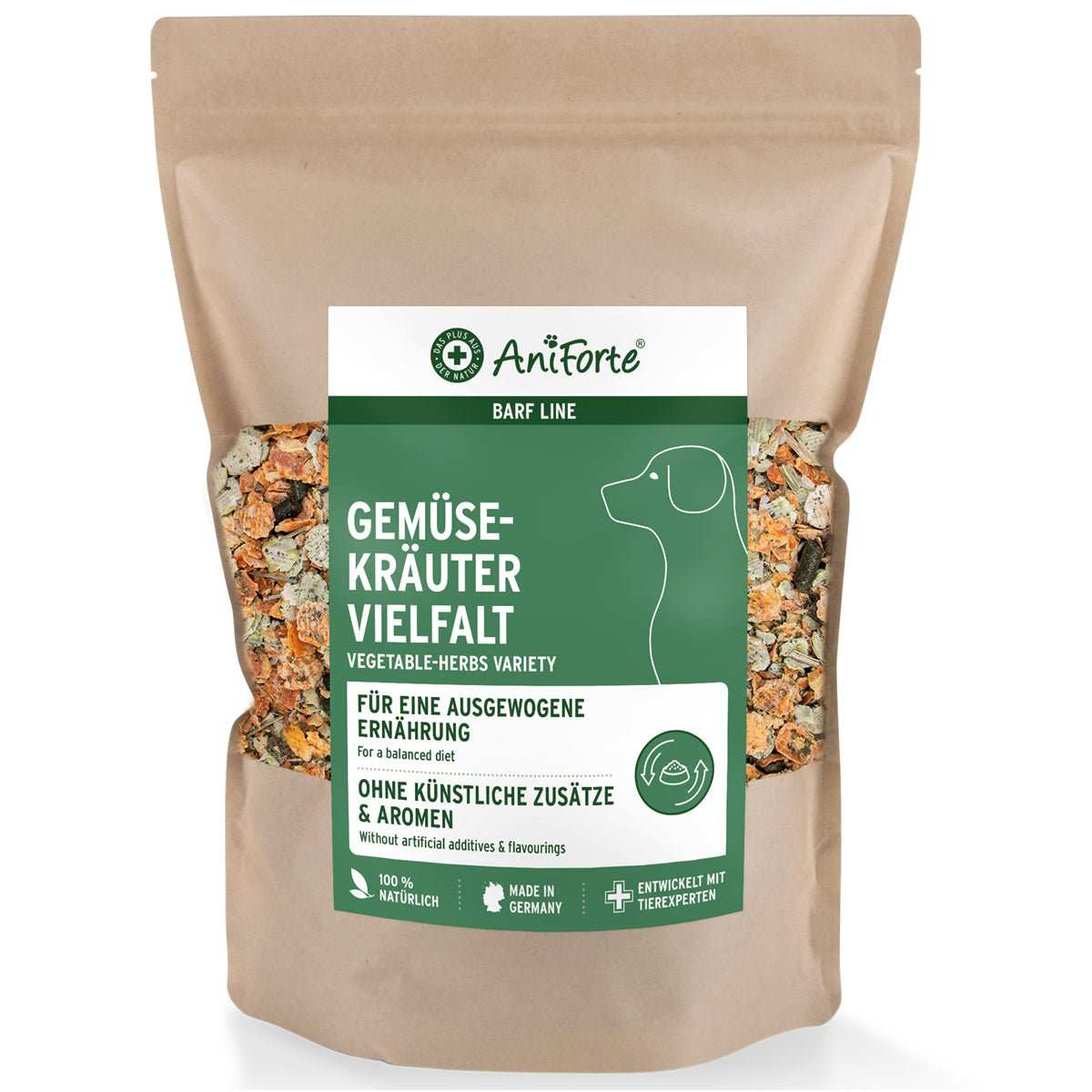 BARF-Line Gemüse-Kräuter Vielfalt, getreidefreies Ergänzungsfutter für Hunde, hochwertige getrocknete Kräuter und Gemüseflocken, ideal für BARF-Ernährung, 100% natürlich.
