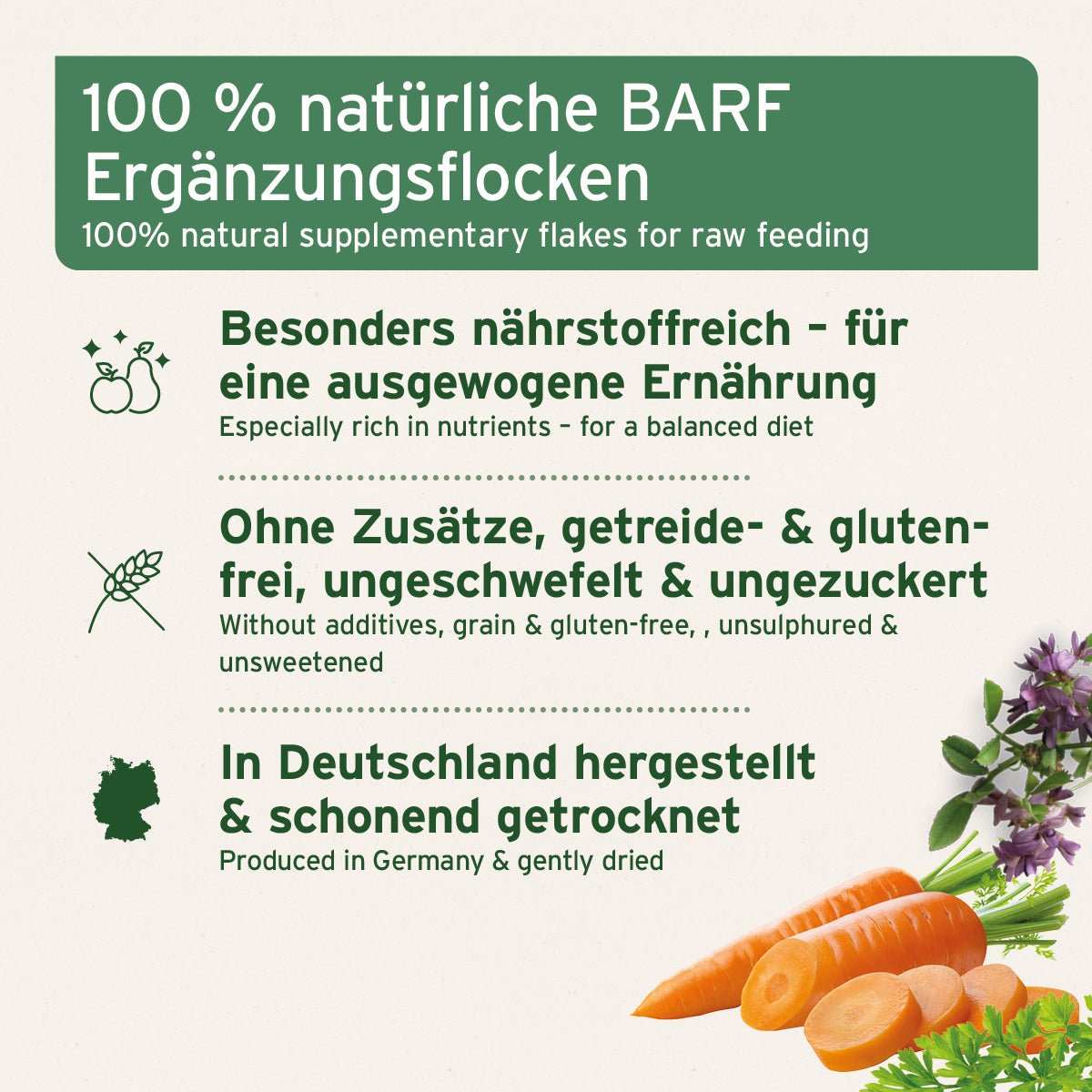 BARF Gemüse-Kräuter Vielfalt für Hunde Infografik. 