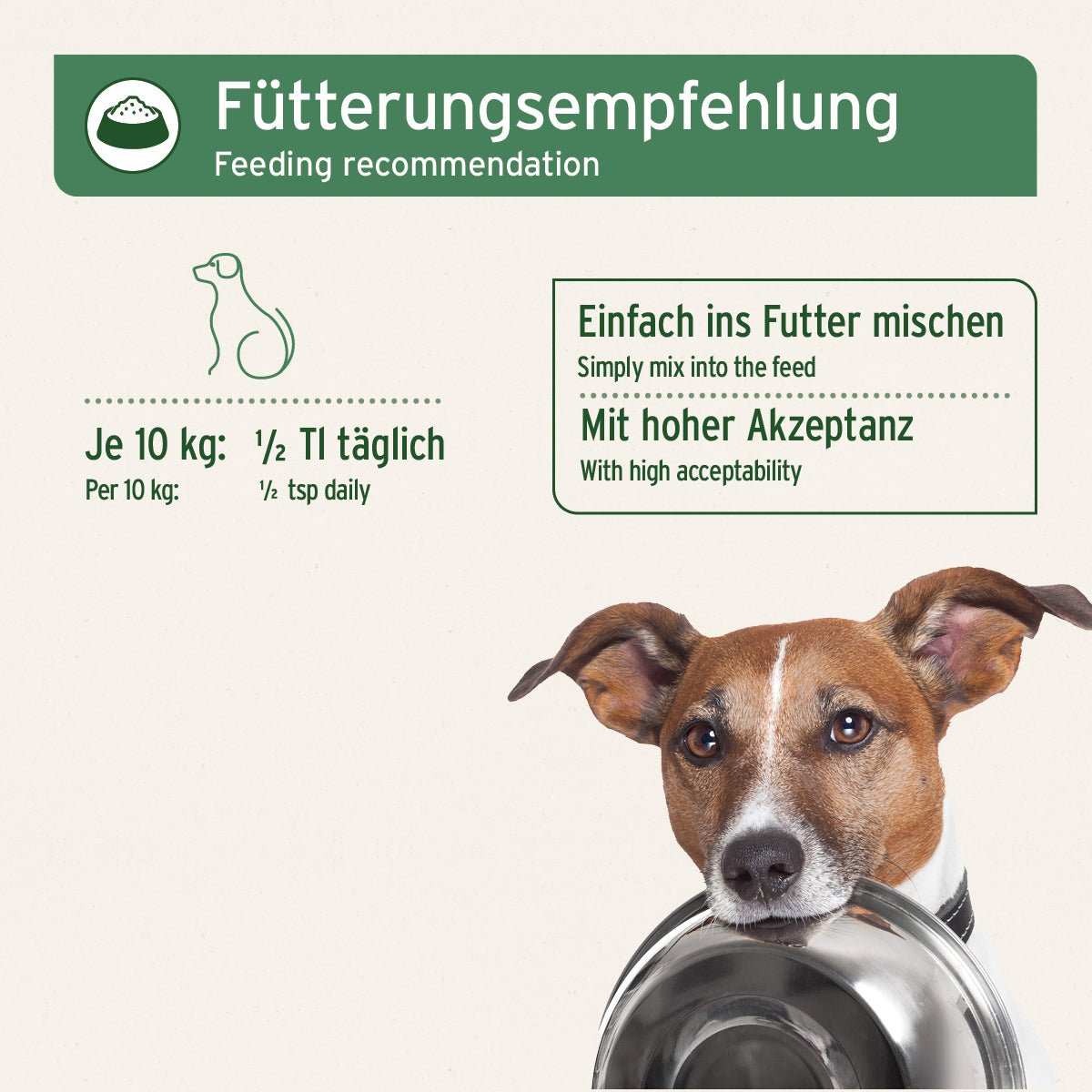 Fütterungsempfehlung BARF - Line Premium Futteröl, neben einem abgebildeten Hund. 