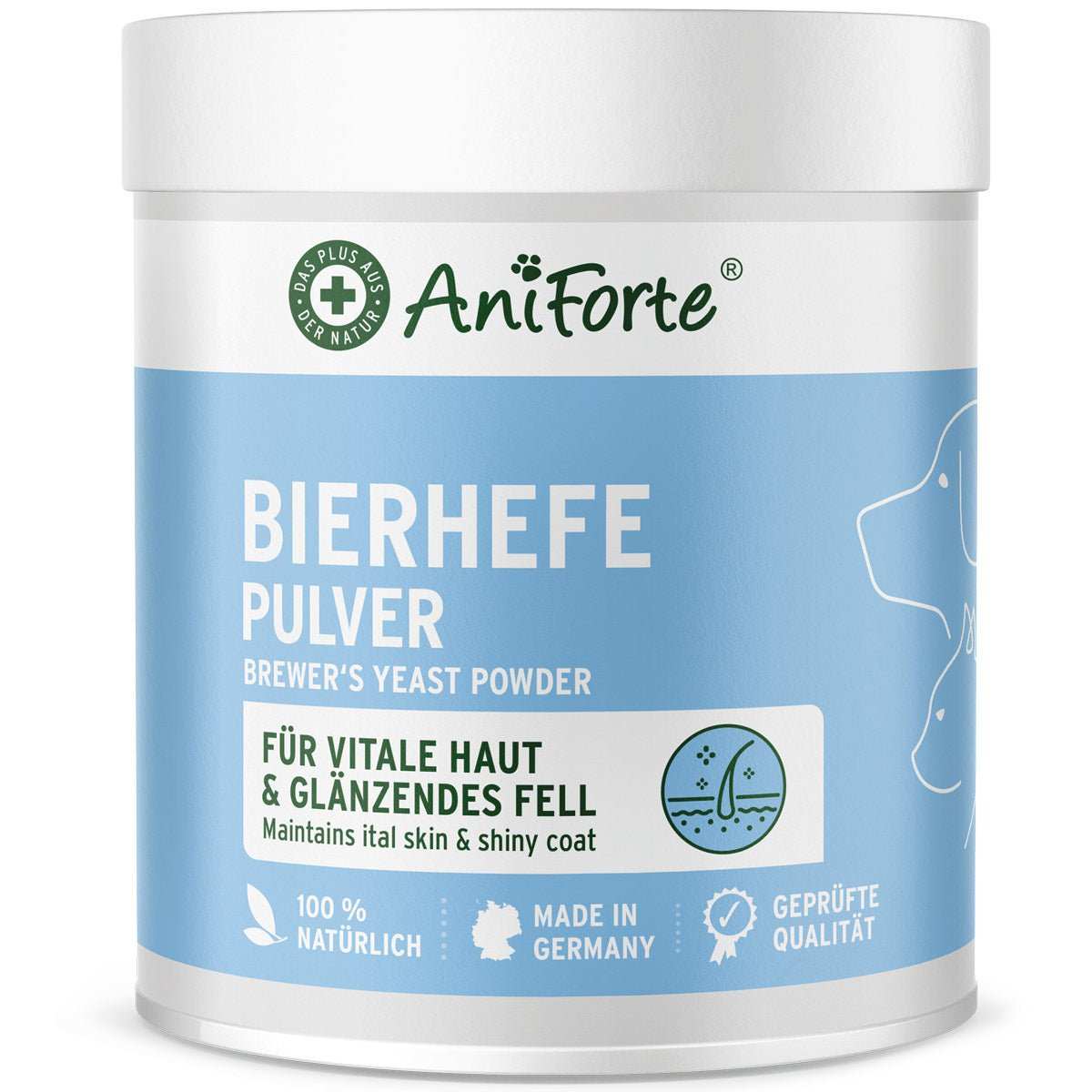 Dose Bierhefe Pulver für Katzen und Hunde, fördert vitale Haut und glänzendes Fell, natürliches Produkt.