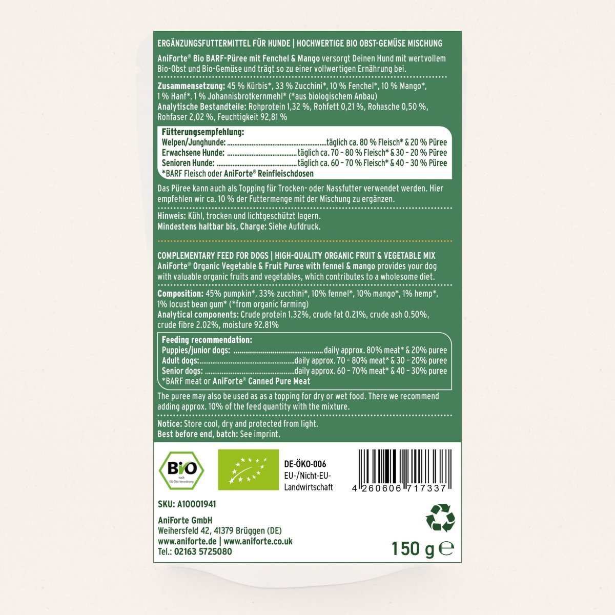 Bio BARF-Püree 3er Probier-Set für Hunde mit Zutaten-Support und Bio-Siegel.
