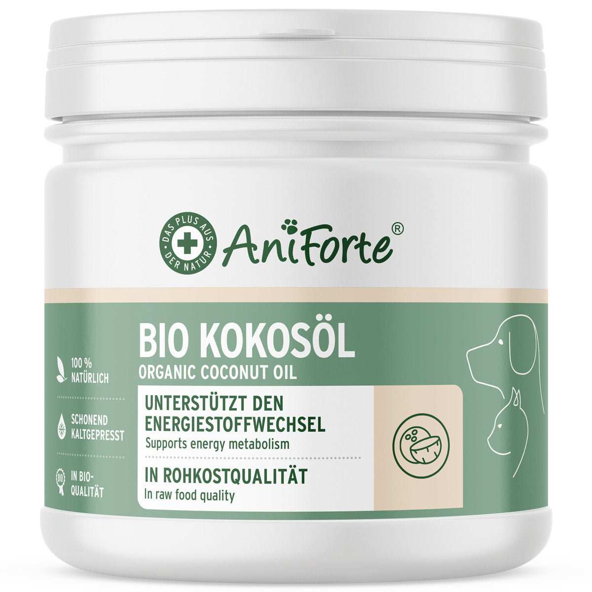 Bio Kokosöl von AniForte für Hunde und Katzen in Rohkostqualität, fördert Stoffwechsel und Fellpflege, 100 % natürlich.