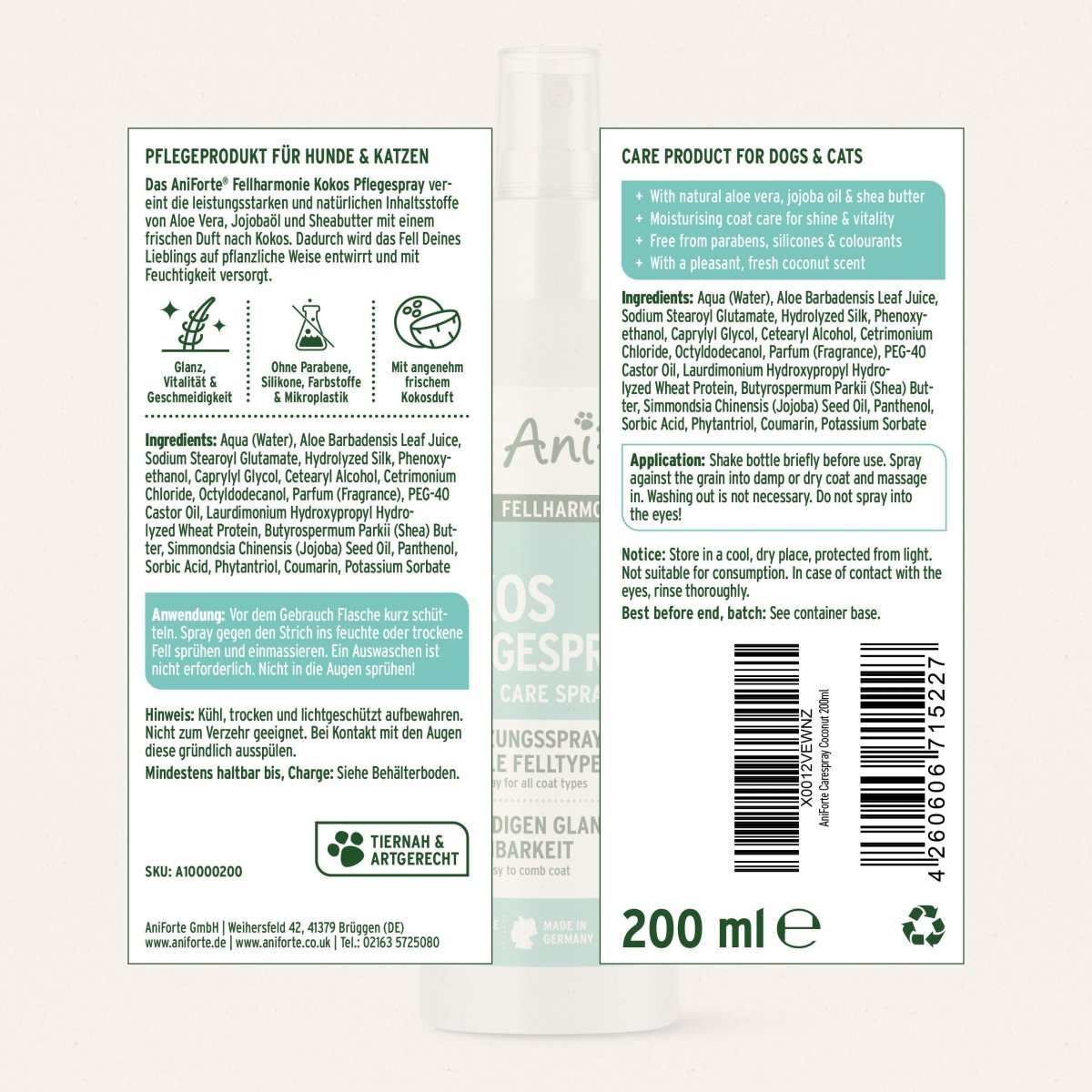 Produktetikett Fellharmonie Pflegespray Kokos. 