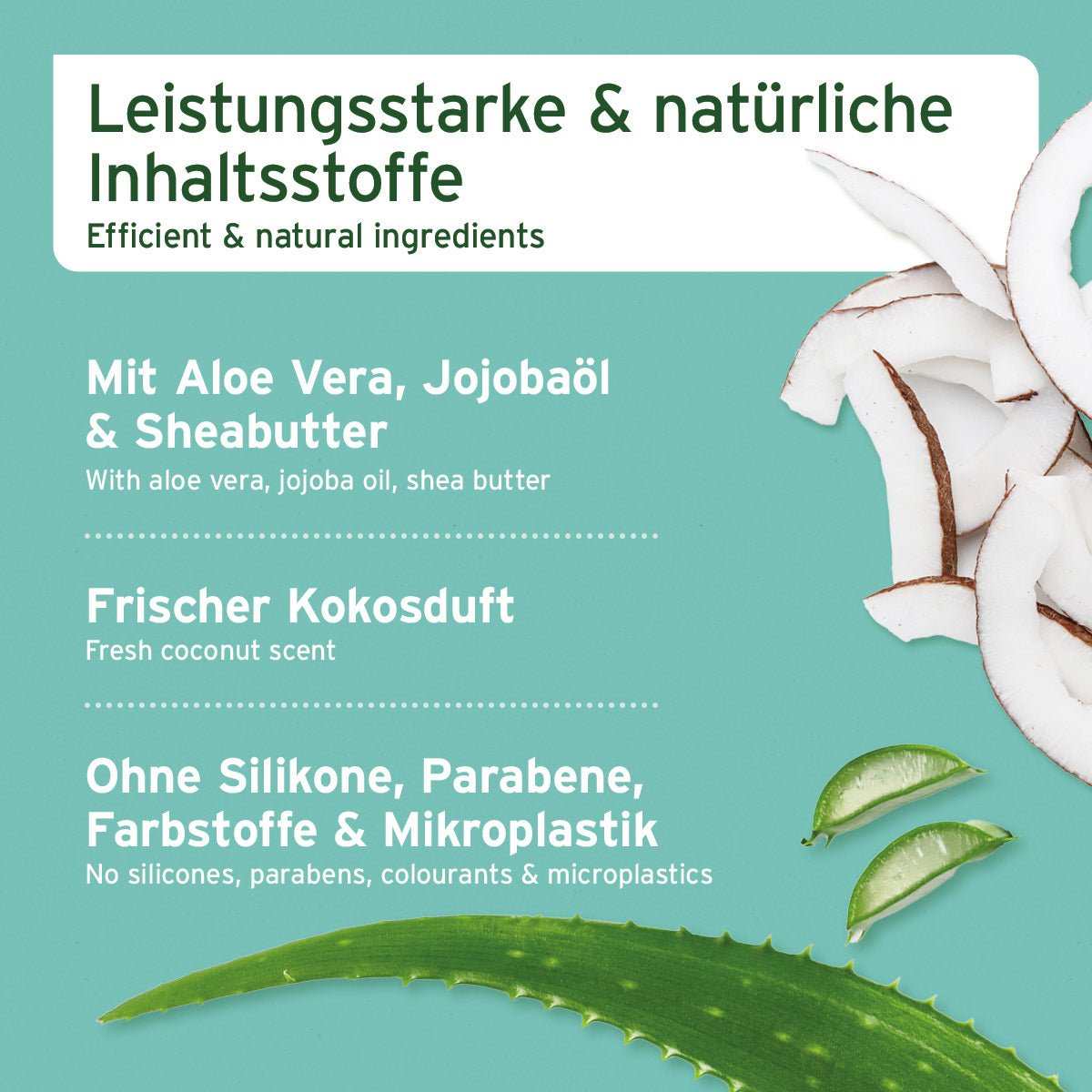 Informationsgrafik Fellharmonie Pflegespray Kokos. Mit Kokos und Limetten Scheiben und Aloe Vera Blatt. 