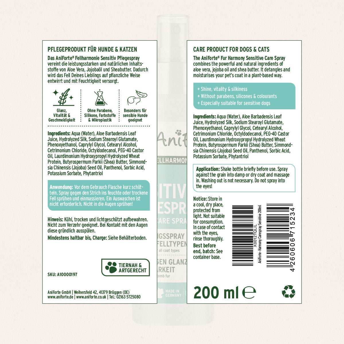 Produktetikett Fellharmonie Pflegespray Sensitiv. 