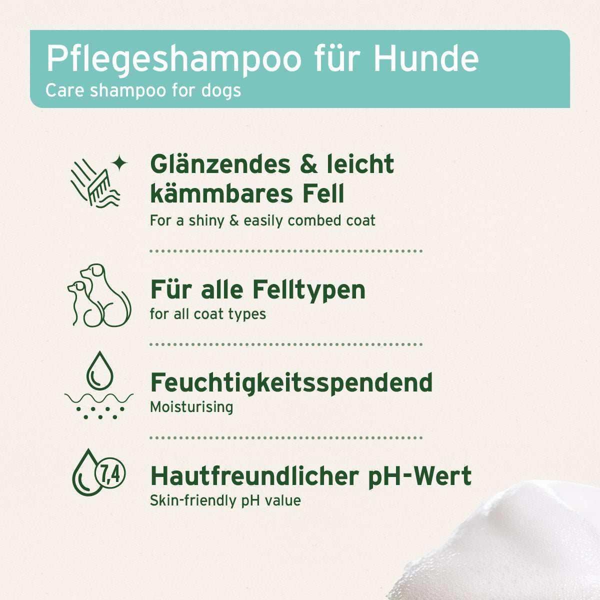 Informationsgrafik Fellharmonie Shampoo Kokos für Hunde, sanfte Fellpflege mit Kokosöl und Aloe Vera, für glänzendes, leicht kämmbares Fell, geeignet für alle Felltypen und Rassen mit entsprechenden Grafiken. 