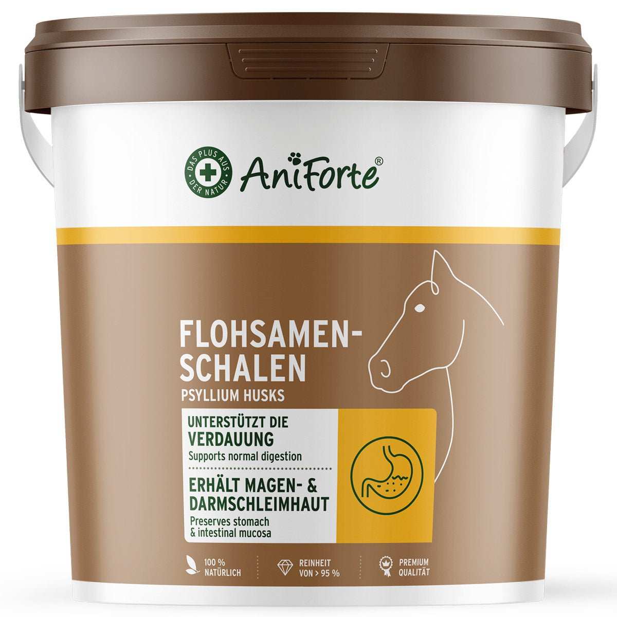 Flohsamenschalen für Pferde von AniForte zur Unterstützung der Verdauung, hochwertige Qualität mit hoher Quellkraft.