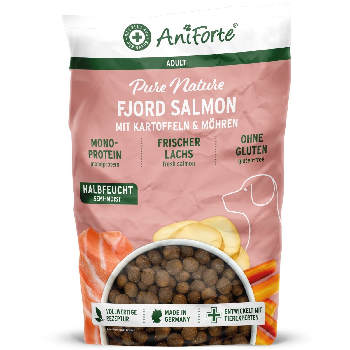 Halbfeuchtes Trockenfutter FjordSalmon mit frischem Lachs und Kartoffeln für Hunde