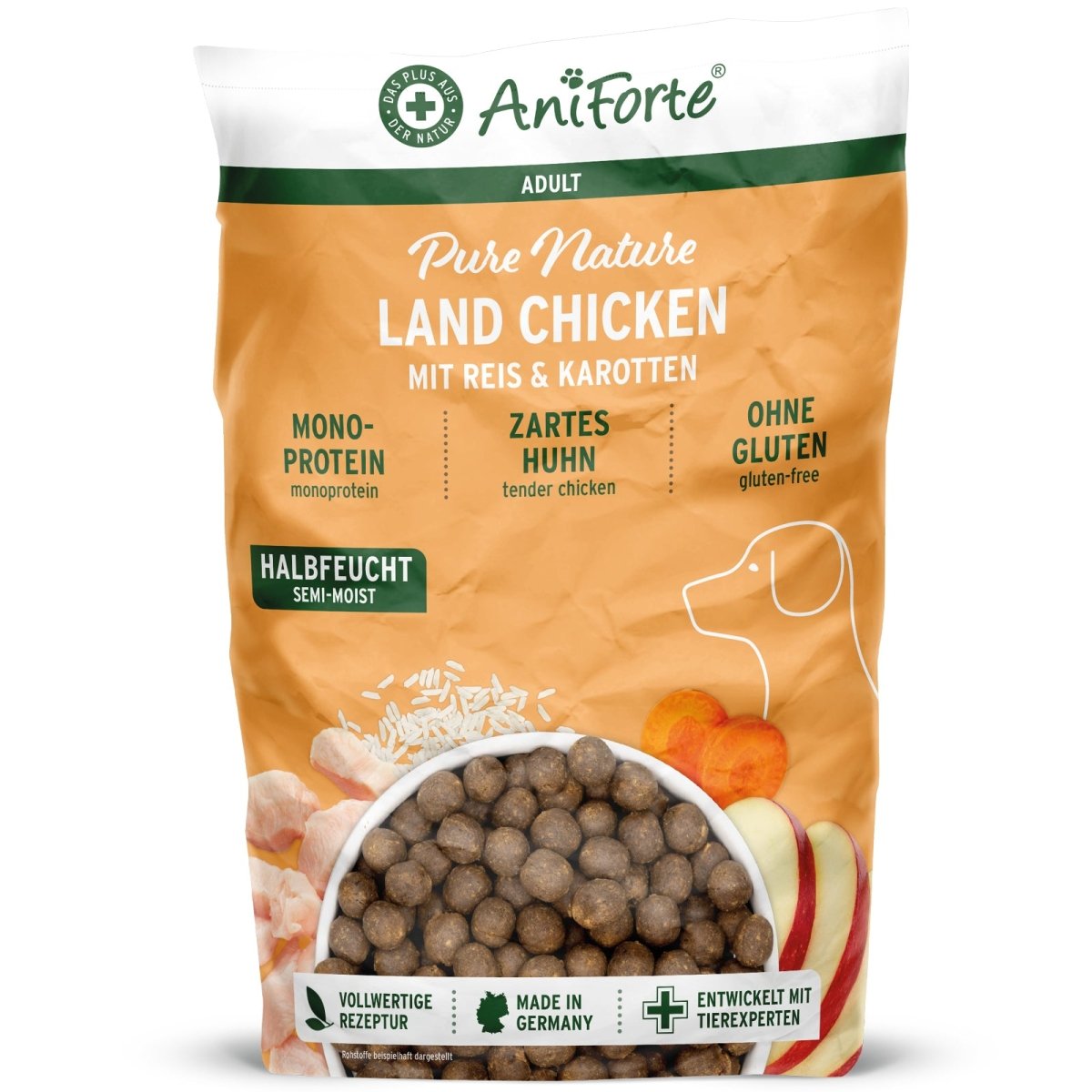 Halbfeuchtes Trockenfutter LandChicken mit zartem Huhn und Reis für Hunde