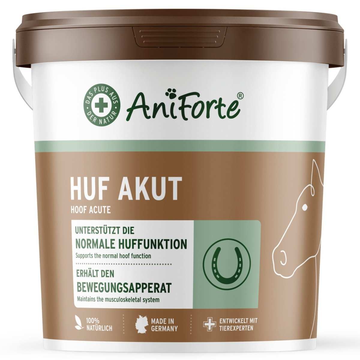 Huf Akut Kräuterergänzung für gesunde Pferdehufe von AniForte, unterstützt Huffunktion und Bewegungsfreude.