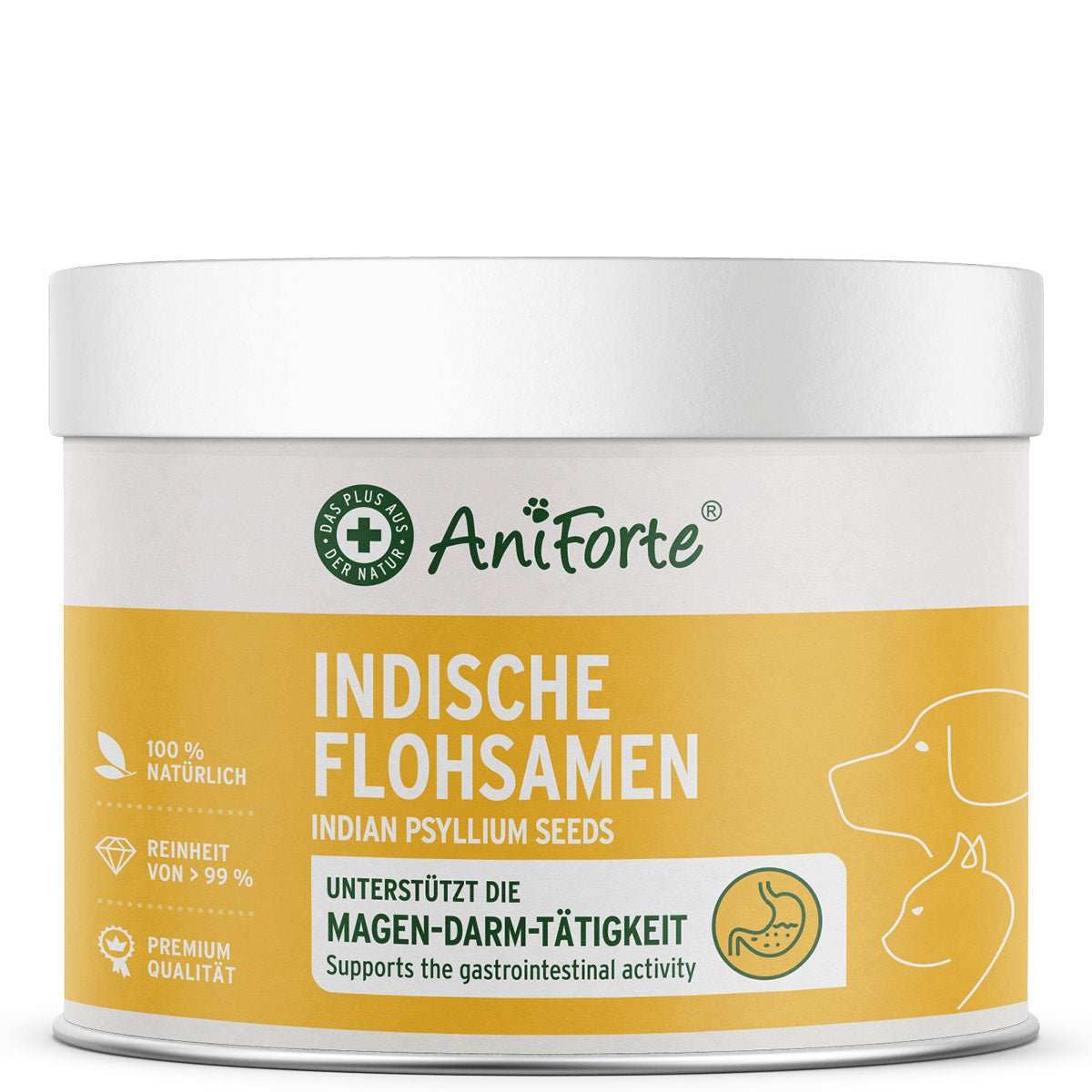 Indische Flohsamen Dose von AniForte für Hunde, Katzen und Pferde zur Unterstützung der Verdauung.