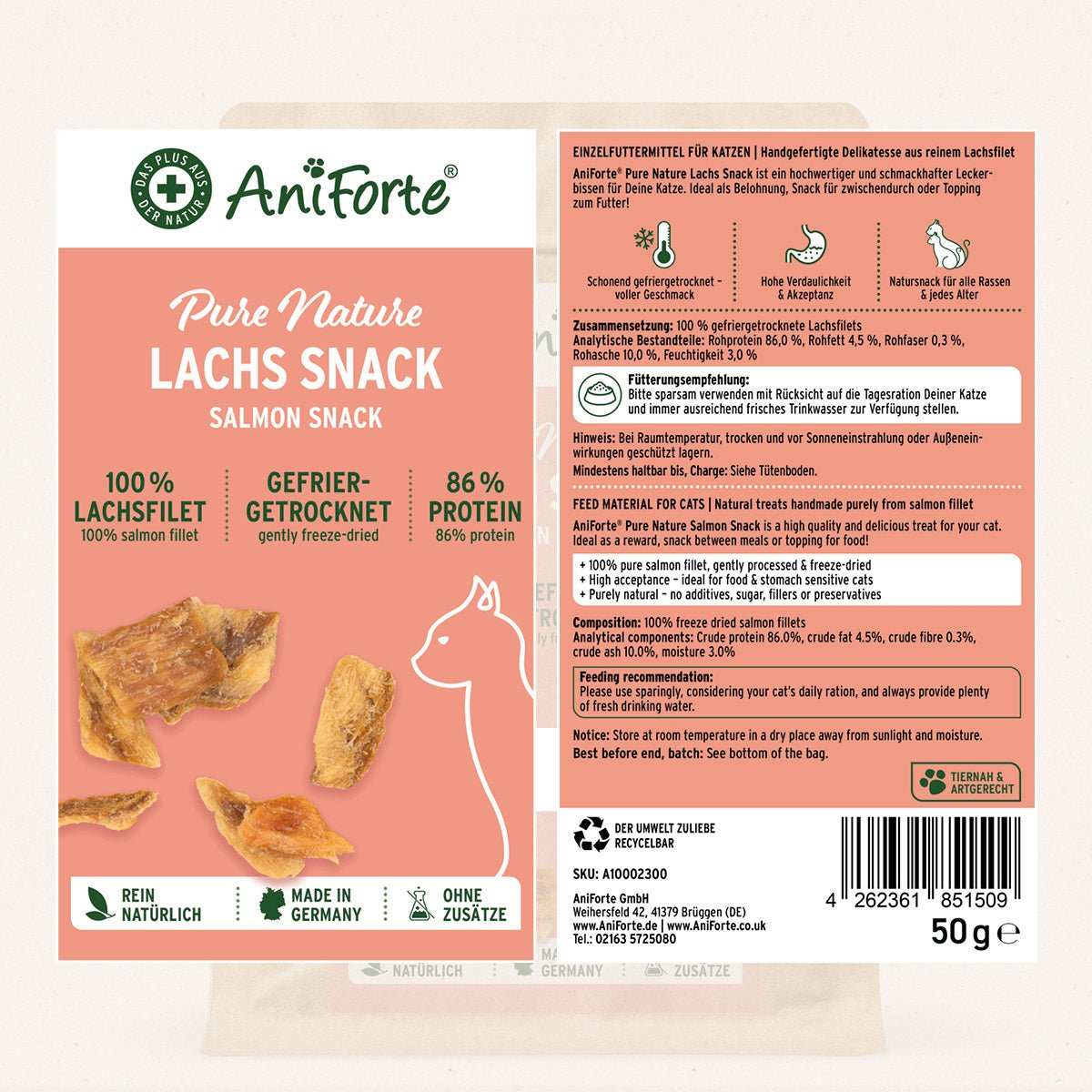 Gefriergetrockneter Lachs Snack für Katzen von AniForte, 100 % Lachsfilet, ohne Zusätze.