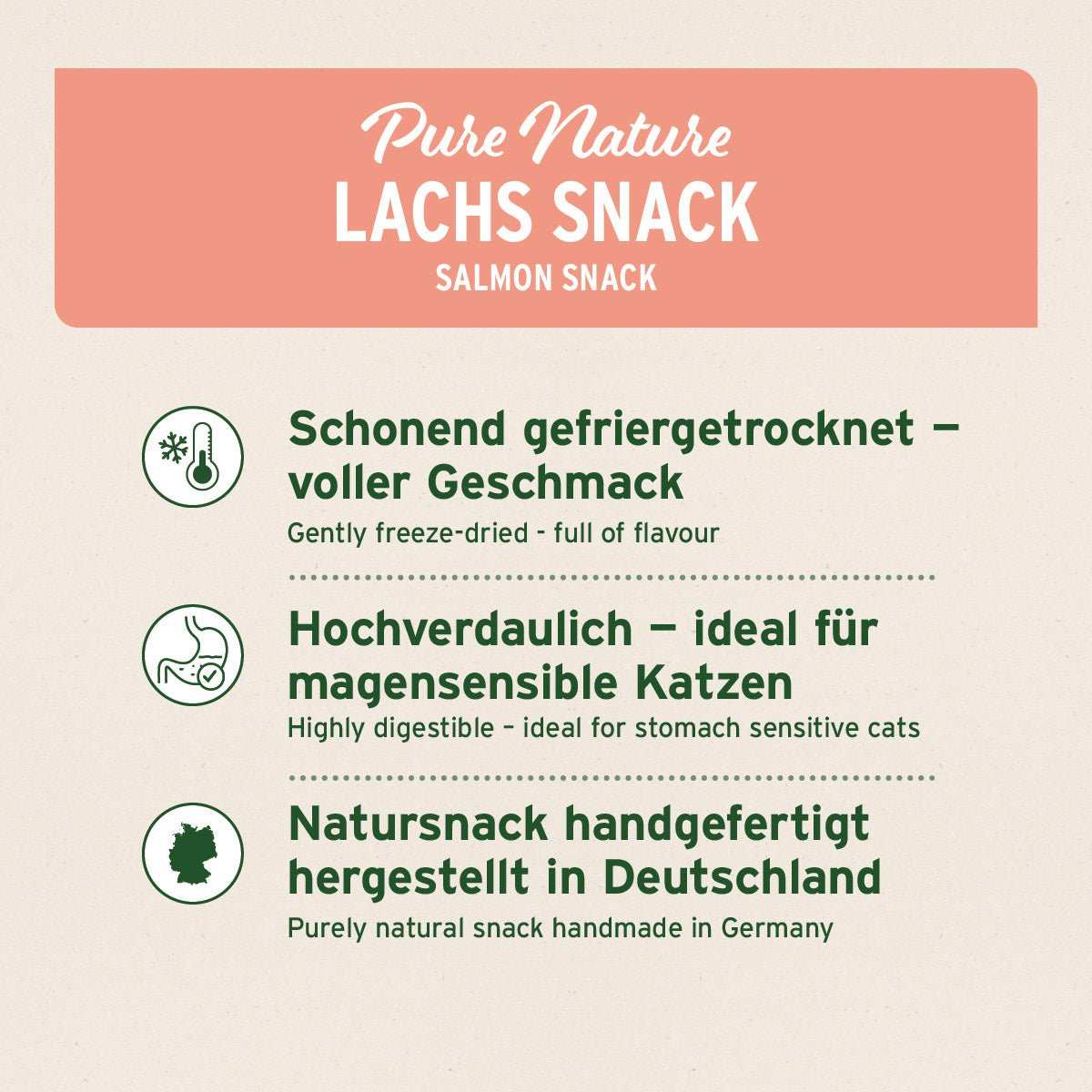 Gefriergetrockneter Lachs-Snack für Katzen, aus 100% natürlichem Lachsfilet, reich an Omega 3, ohne Zusätze und handgefertigt in Deutschland. 