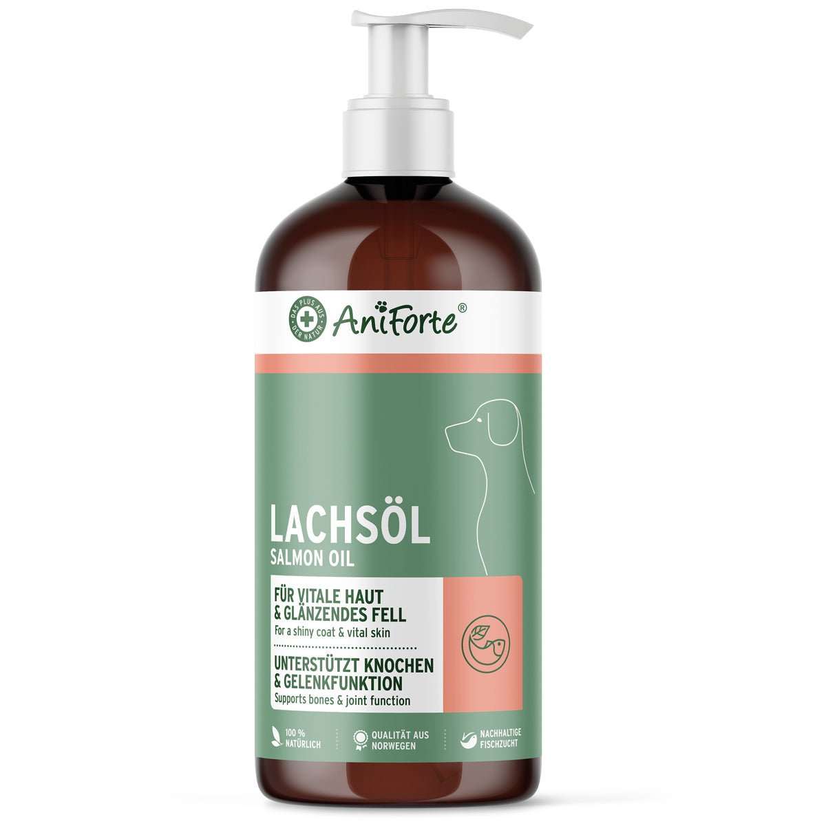 Flasche Lachsöl mit Pumpkopf für Hunde, Katzen und Pferde zur Unterstützung von Haut, Fell und Herz-Kreislaufsystem.