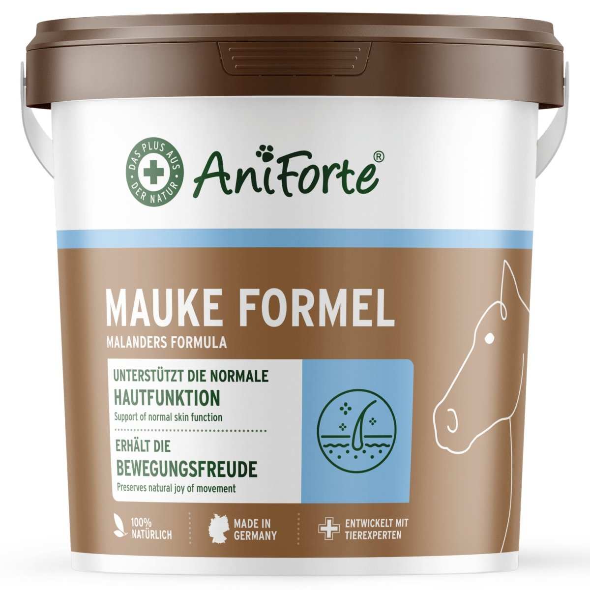 Eimer AniForte Mauke Formel – Kräutermischung für Pferde, unterstützt Haut- und Bewegungsfreude, hochwertige Futterergänzung.