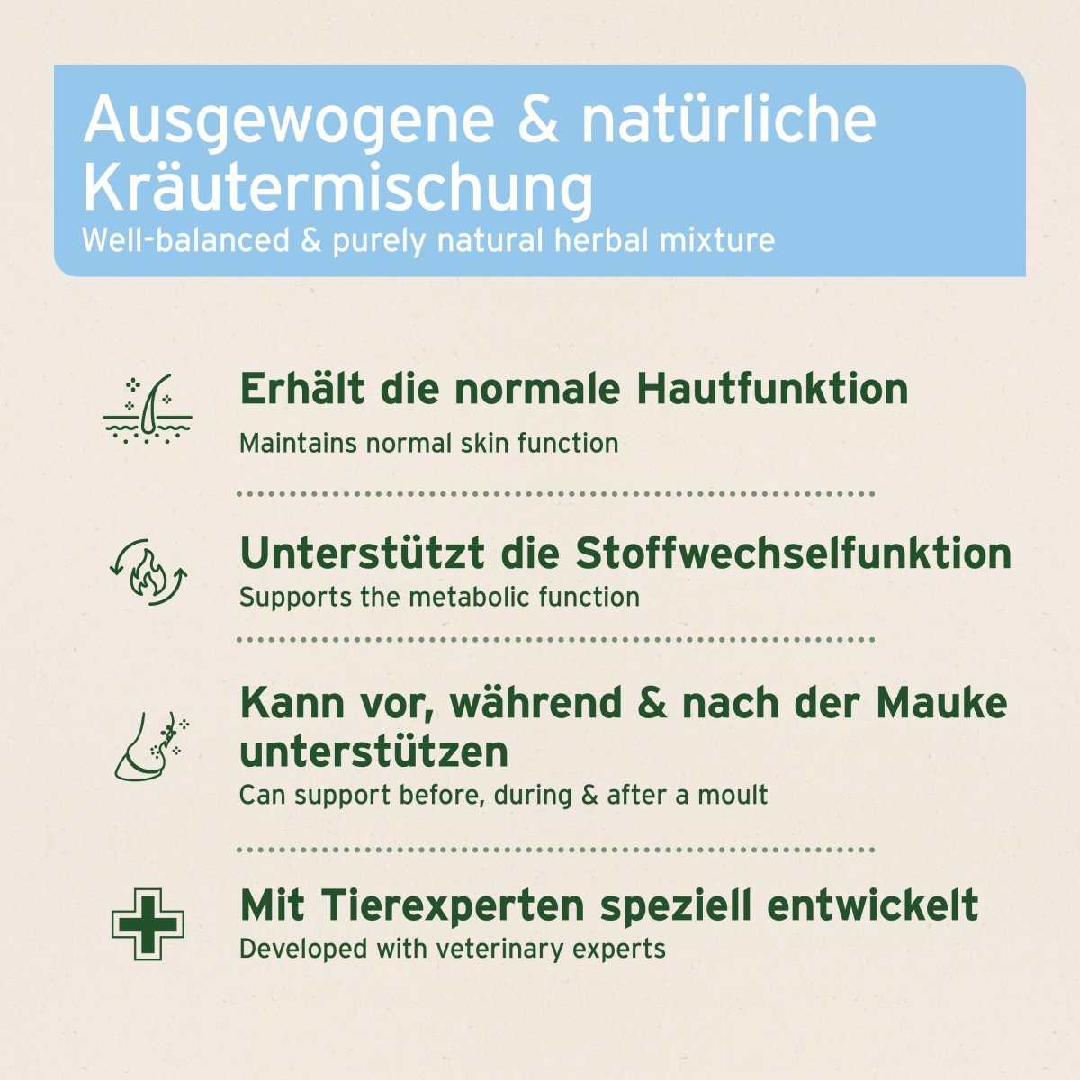 Informationsgrafik Kräutermischung für Pferde zur Unterstützung der Haut- und Stoffwechselfunktion, entwickelt mit Tierärzten mit Piktogrammen. 