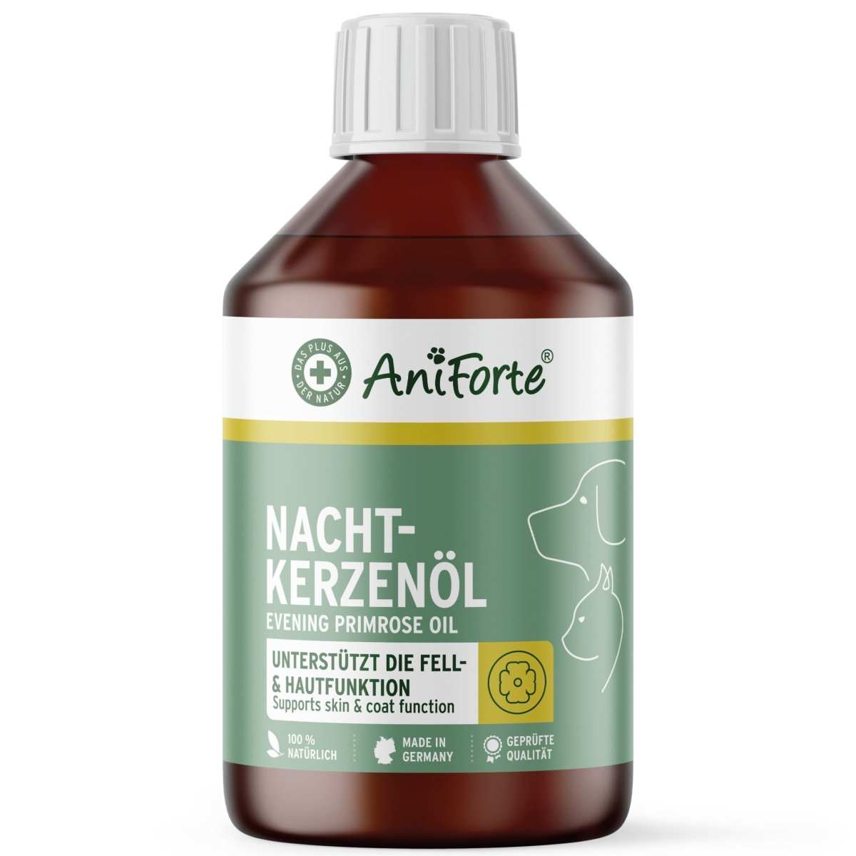 Nachtkerzenöl für Hunde und Katzen in brauner Flasche, AniForte-Label, unterstützt Fell- und Hautgesundheit.