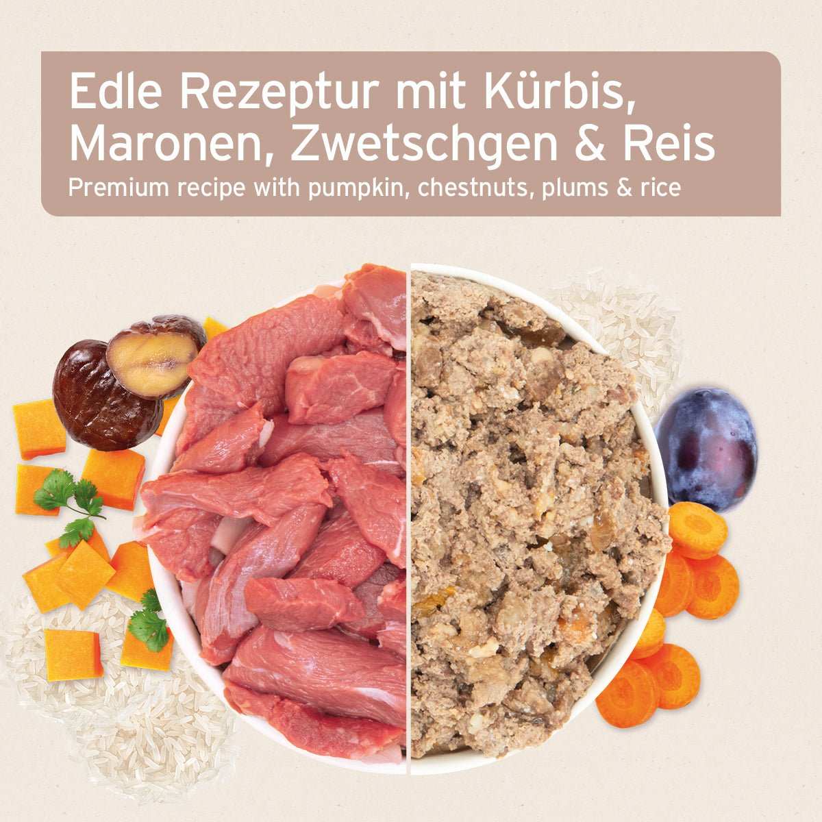 Hundefutter mit Kürbis, Maronen, Zwetschgen, Reis. 