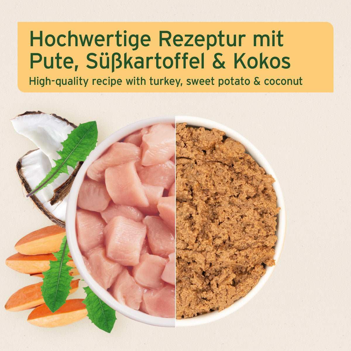 Nassfutter Fine Turkey – Saftige Pute mit Süßkartoffel - AniForte
Bild von geteilter Schüssel mit Futter. 