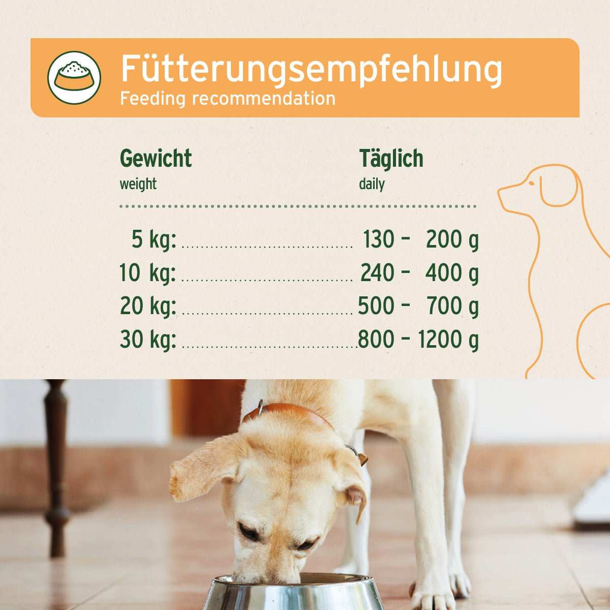 Fütterungsempfehlung Nassfutter für Hunde "Huhn mit Möhren". 