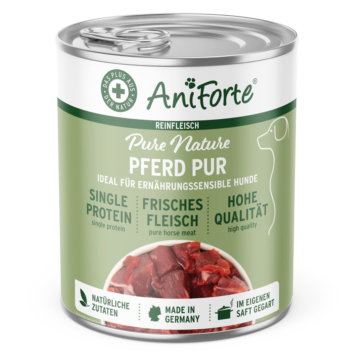 AniForte Nassfutter Pferd Pur für Hunde mit frischem Pferdefleisch, getreidefrei und hohe Qualität, single protein, hergestellt in Deutschland.