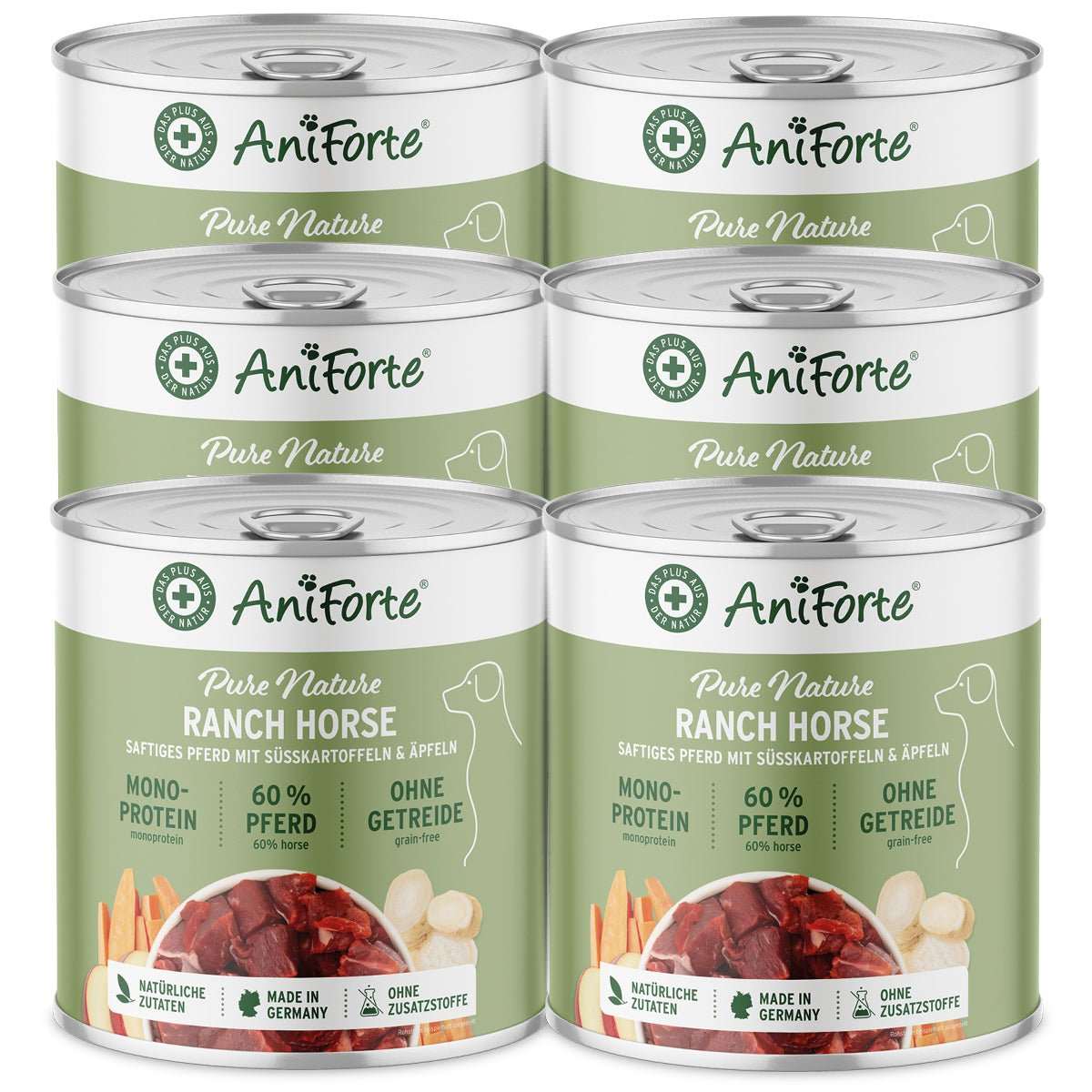 AniForte RanchHorse Nassfutter für Hunde, Pferd mit Süßkartoffeln und Äpfeln, getreidefrei, 6 Dosen.
