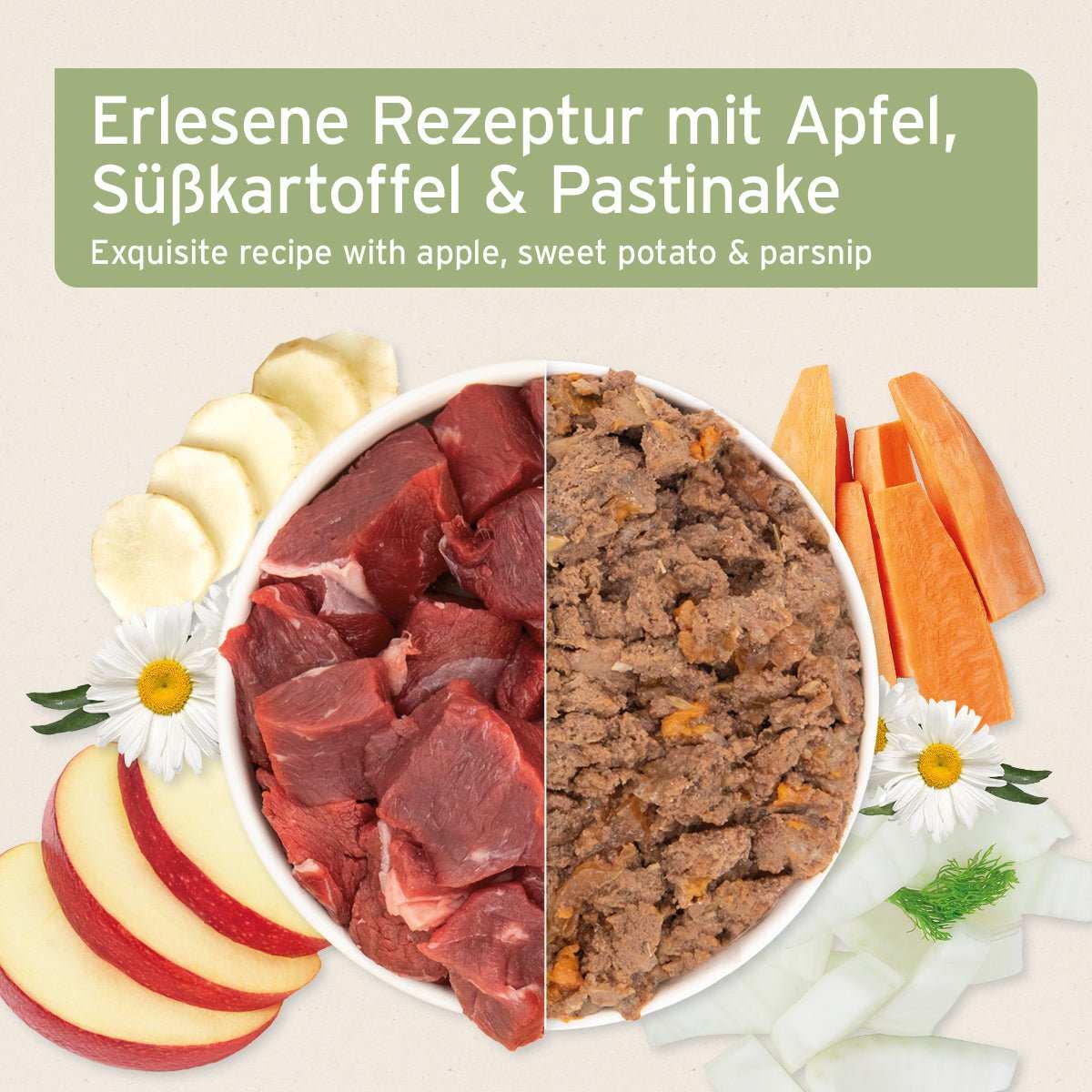 Schale mit Pferdefleisch, Süßkartoffeln, Äpfeln und Pastinaken, getreidefreies Hundefutter. Drumherum liegt Gemüse. 