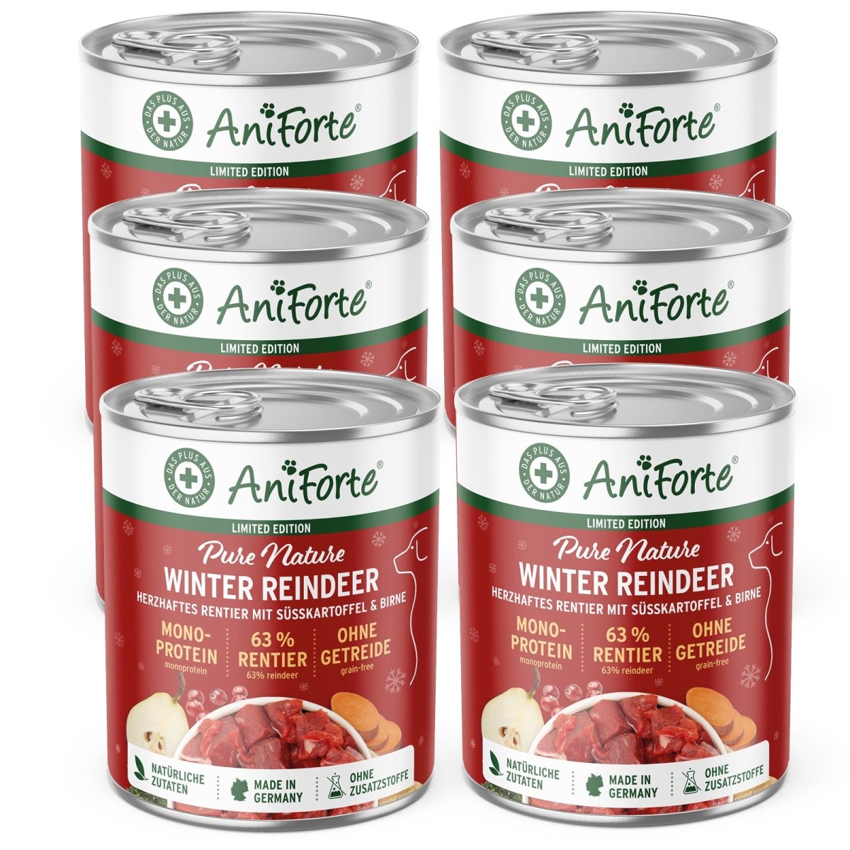 AniForte Nassfutter Winter Reindeer mit Rentier, Süßkartoffel und Birne, getreidefrei und nährstoffreich