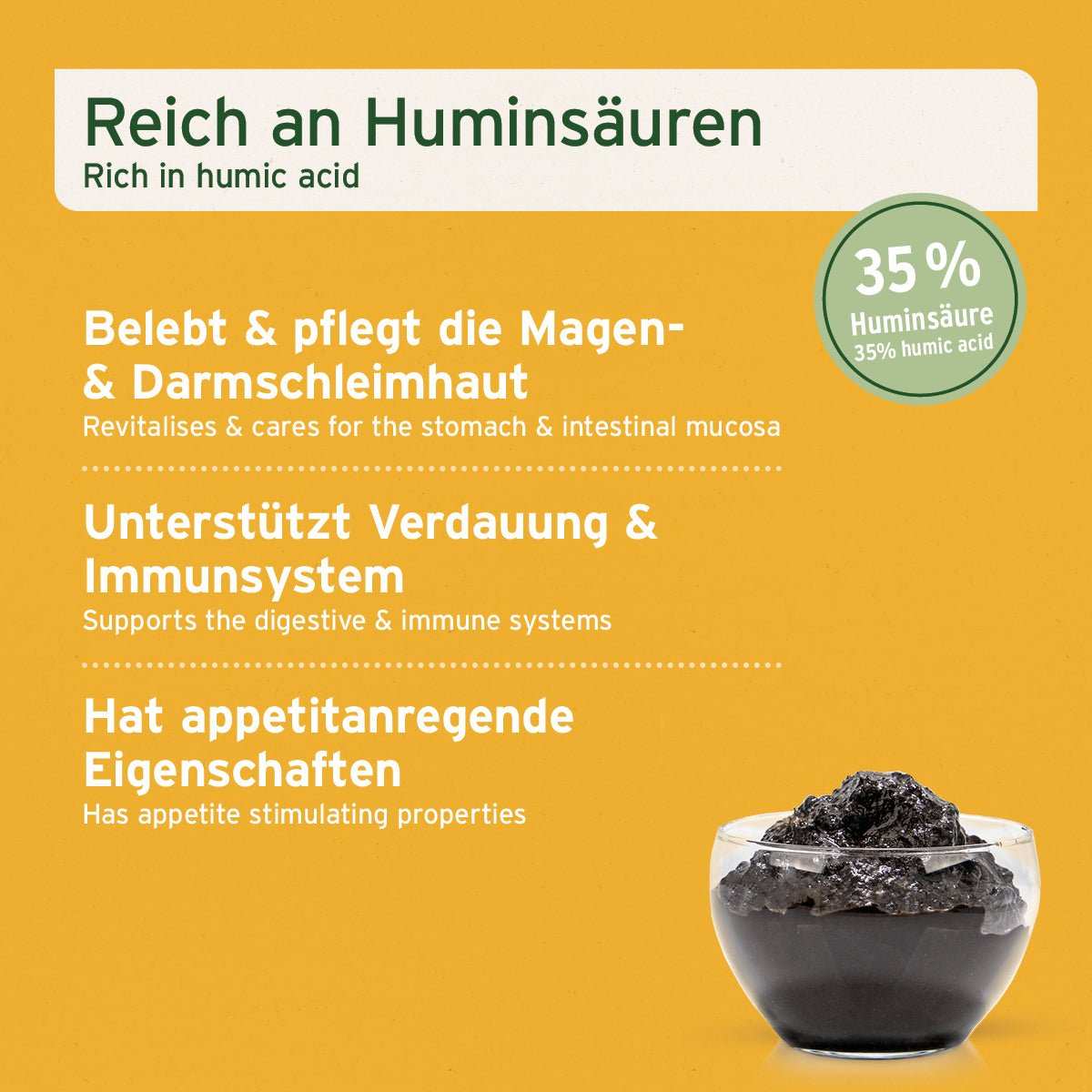Naturmoor für Hunde und Katzen, reich an Huminsäuren, unterstützt Immunsystem und Verdauung, fördert gesunde Magen-Darmschleimhaut, Glass-Schüssel mit Naturmoor. 