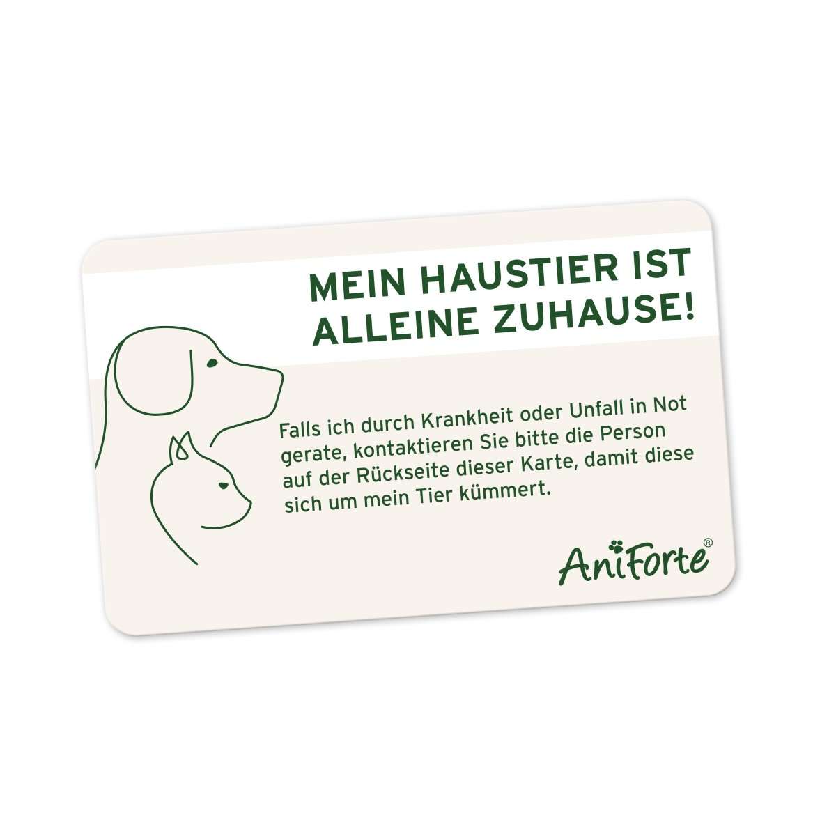 Notfallkarte für Haustier, AniForte® Logo, Hinweis zur Tierbetreuung im Notfall.