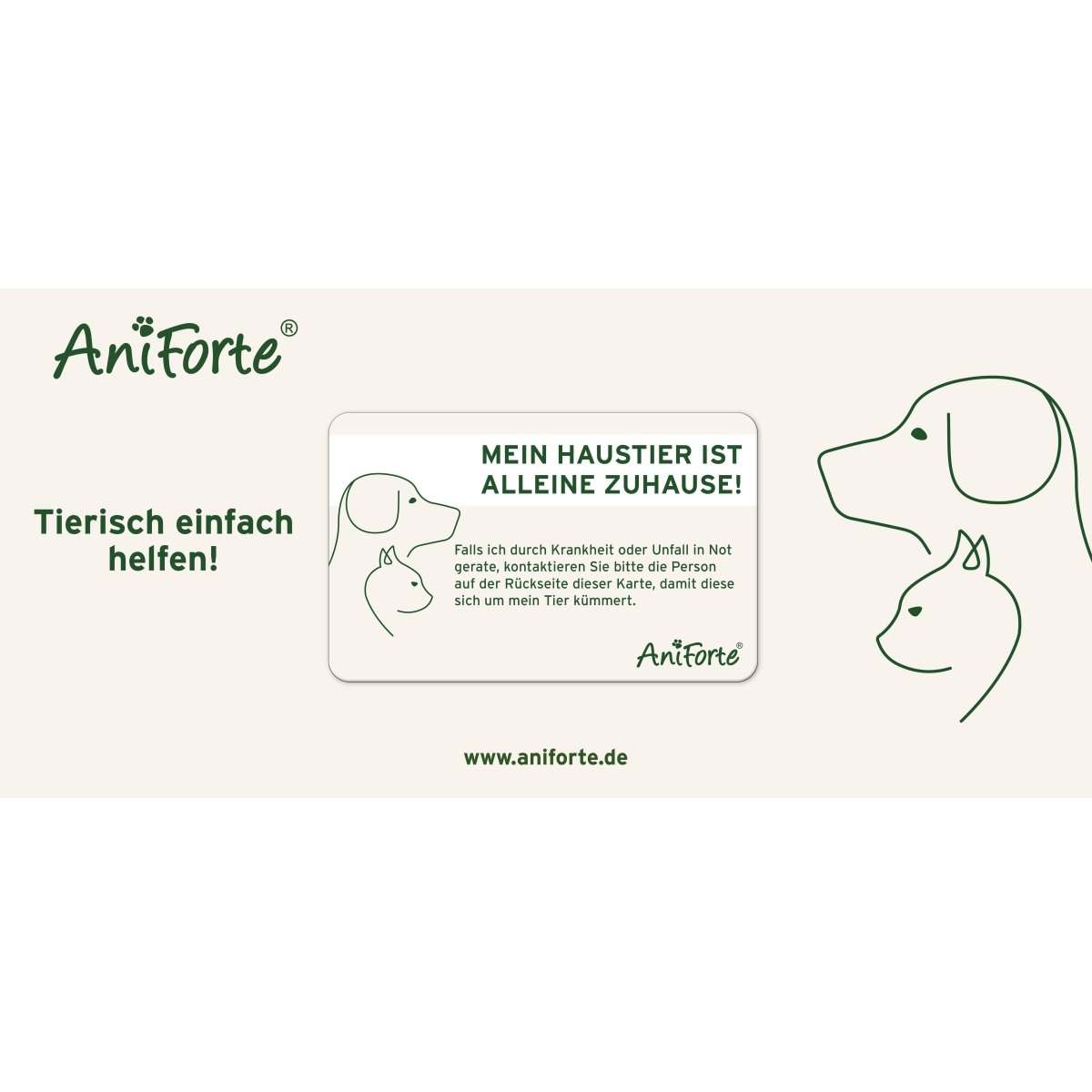 AniForte Notfallkarte mit Hinweis für Haustiere in Notsituationen, Grafik von Hund und Katze.