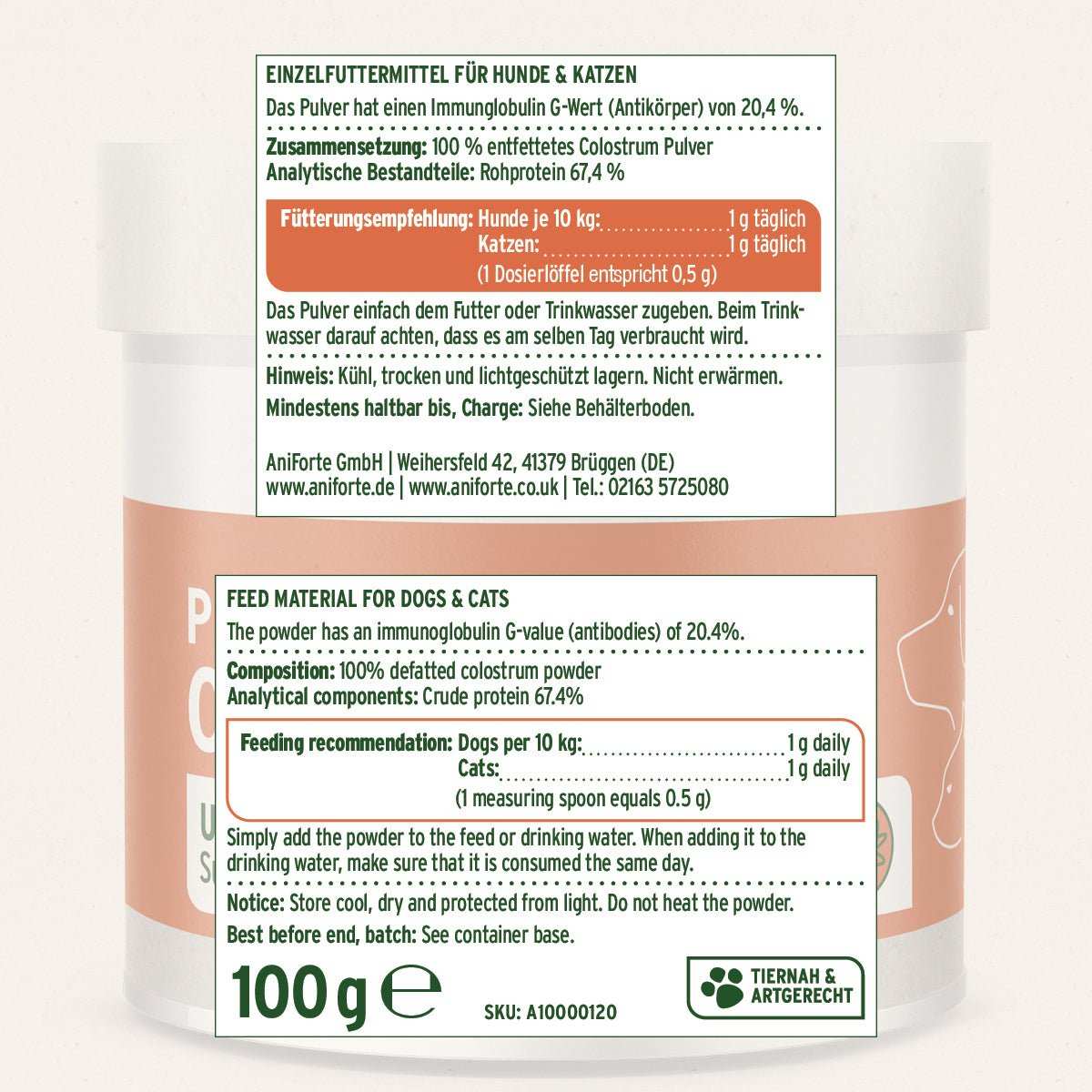Produkt Etikett Premium Colostrum für Hunde und Katzen. 