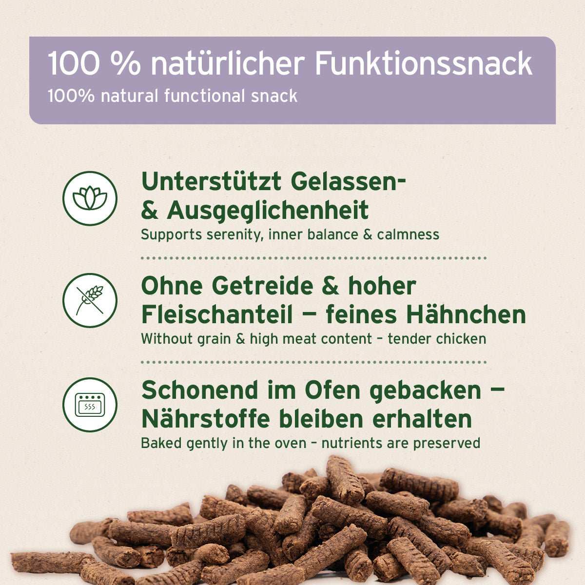 Angehäufte AniForte  Relax - Snack auf hellem Hintergrund. Piktogramme von Lotusblüte, durchgestrichenem Getreide und Ofen. 