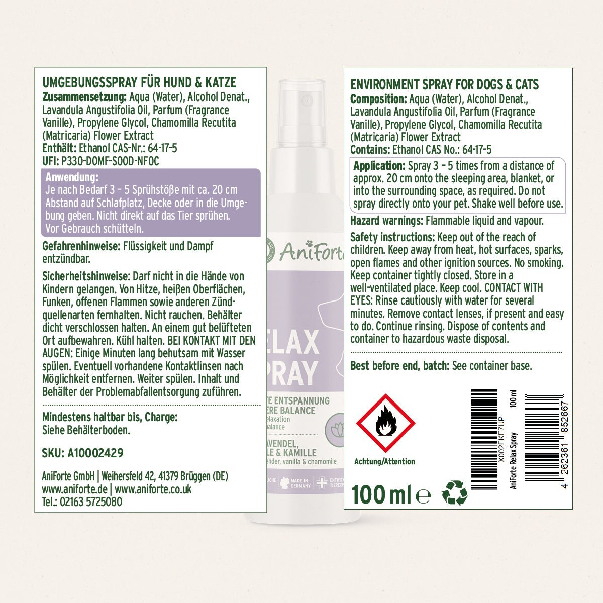 Beruhigendes Umgebungsspray für entspannte Hunde und Katzen mit Lavendel, Vanille und Kamille